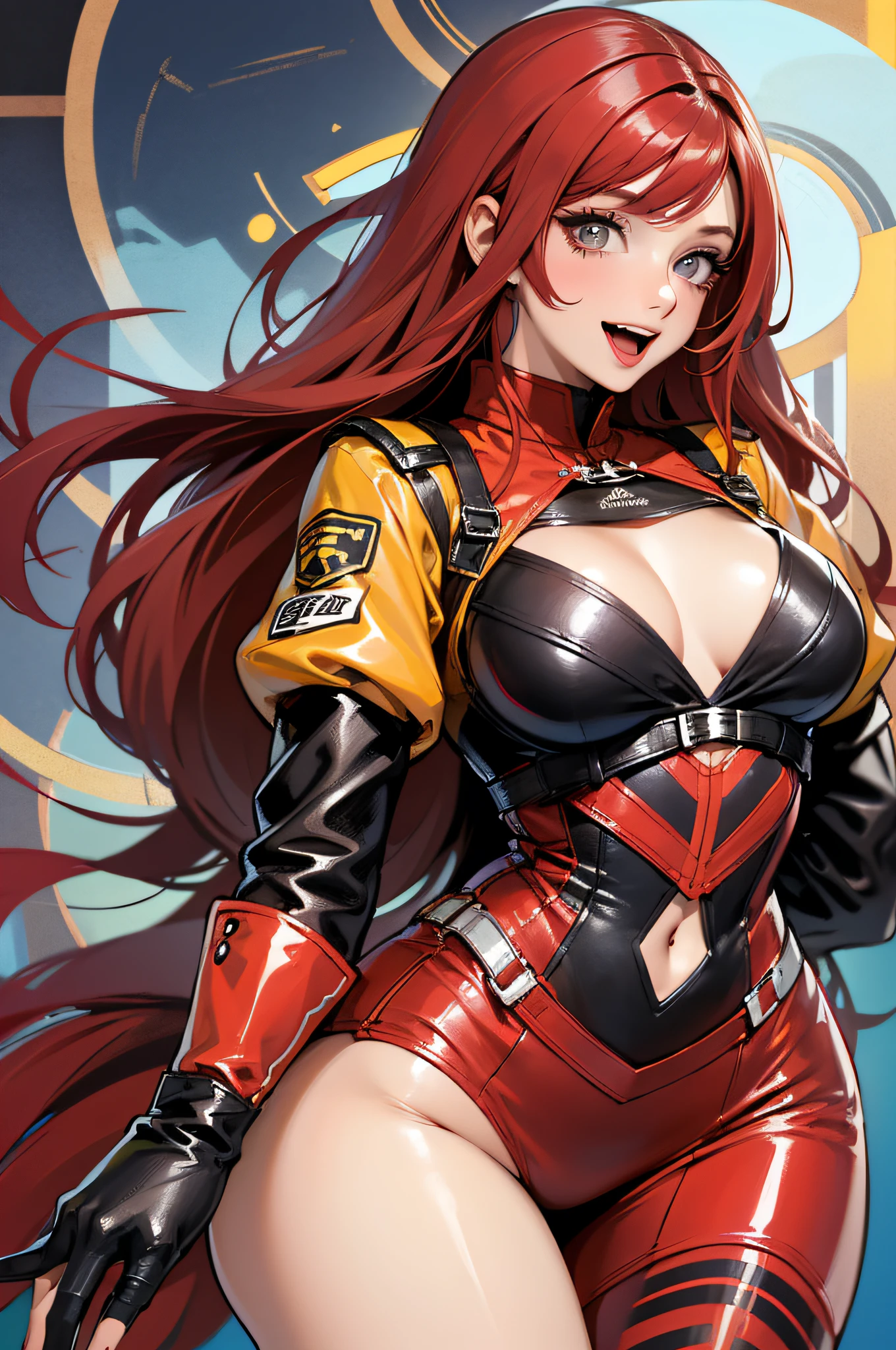 1 girl, melhor qualidade, ultra detalhado, (menor:1.2), olhos redondos, Feliz, :d, Middle breast, red hair, medium hair, , , isometric, cowboy shot, arms extended, Primary colors Cut-out jacket with leather, saia xadrez dessaturada, Em um futuro distante