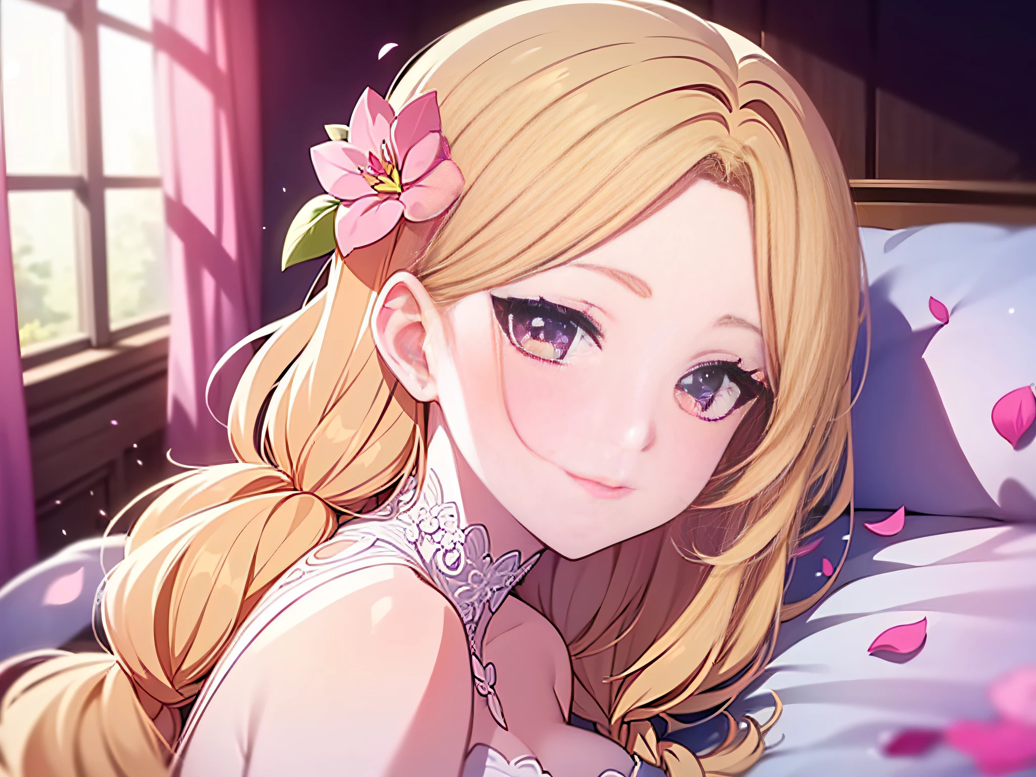 in 8K、top-quality、​masterpiece、ultra-detailliert、Ultra-high resolution、Anime style、on the beds、laying on back、Pink cheeks、pink lipsticks、a blond、Braided hair、weddingdress、flower petals