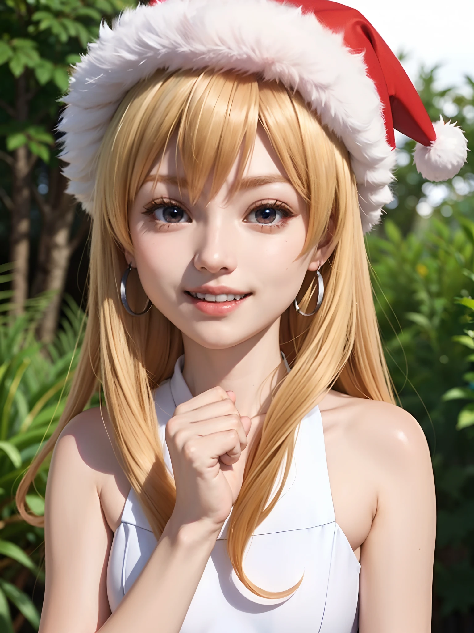 (masuter piece、Best Quality、Cute symmetrical face、Norse man、Beautiful blonde hair with bangs、a blond、1 girl、Very young pretty girl、Very young girl、Very young pretty girl、Very small cute girl、Deities々Shii Girl、Very young face、Symmetrical and very cute face)、(Beautiful shiny beautiful blonde hair with bangs、Intense crystal light blue eyes、Pale colored crystal light blue eyes、no earrings、Beautiful white skin)、(Cute costume of Santa Claus in red and white、Cute hat of Santa Claus in red and white、Very cute girl from Santa Claus)、5ars old、Very young very cute girl:1.5、Deities々Cute liirl、very cute female child、happily laughing、Smile happily、The best smile、Beautiful teeth、Beautiful teeth alignment、Beautiful skins、Staring into the distance on the left、Forest with light on beautiful nature background、Deities々Deep forest background、Winter forest background、cowboy  shot