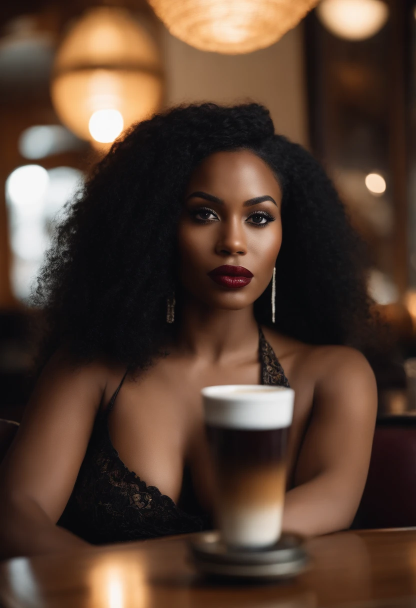 Photo de Belle fille noire, Attractive, africaine, tanned skin, dark skinned, tatouages et piercings, Gros Buste, gros seins, Photo in seated desk The most beautiful work of art in the world, ((That's great)) Femme noire africaine, ((Tresses africaines)), curly hair, High detail, mise au point nette, dramatique, Real photo of a beautiful 24-year-old black woman, Métis woman , seulement, huge breasts, charme, realistic skin, realistic face, sauvage, autoritaire, provocateur, extase (beautiful detailed eyes), (Best quality), (super detailed), (Detailed face), (pose dynamique), longues jambes, resserre les abdominaux, Canon EF 85mm f/1.2L II USM, A woman sits with her coffee in a restaurant,with a black jacket and red lips, Focus on facial expression, Mode de rue, sitting in a Parisian café, photo-realistic, ultra-realistic, ((Realistic natural skin texture)), sourire