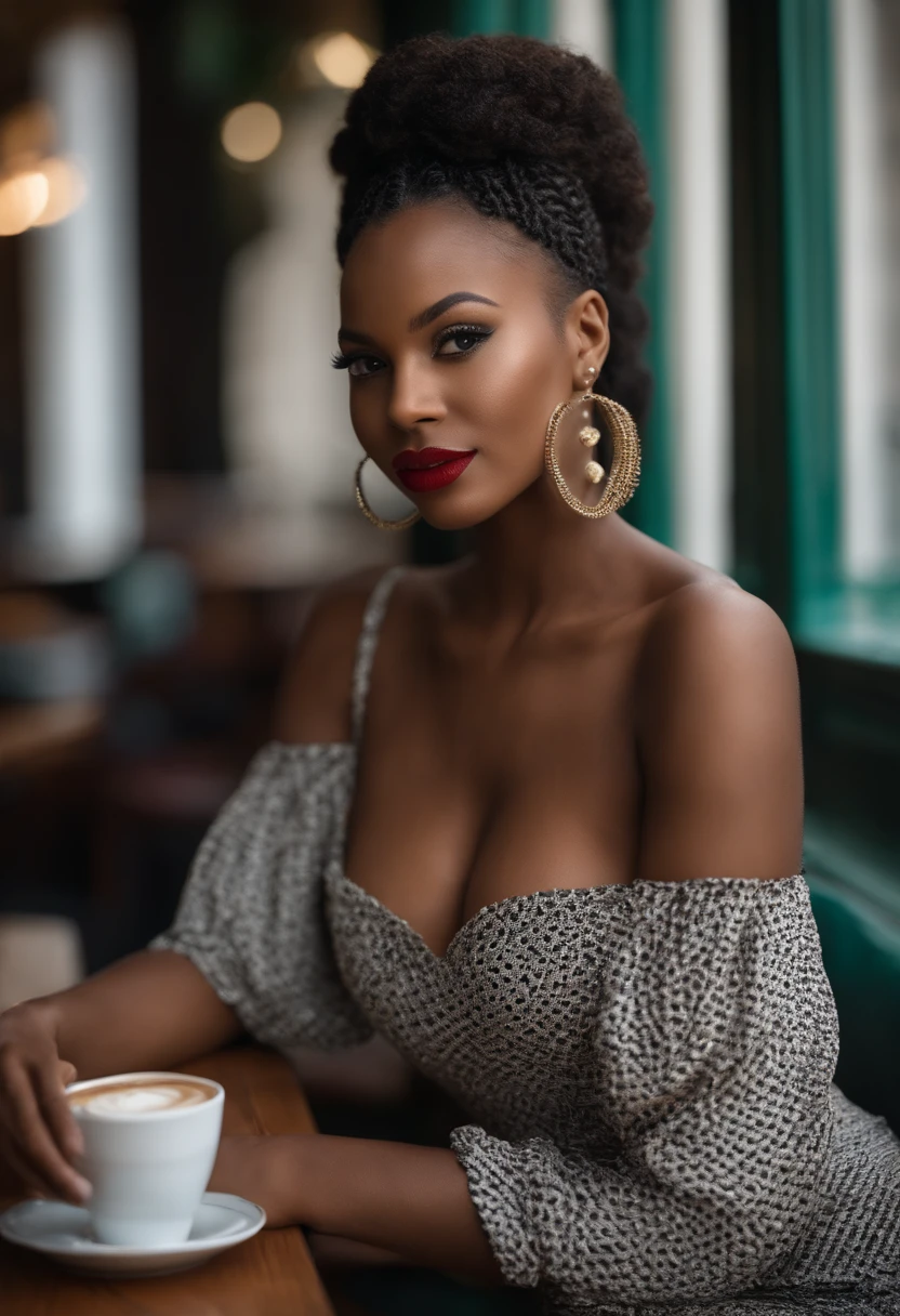 Photo de Belle fille noire, Attractive, africaine, tanned skin, dark skinned, tatouages et piercings, Gros Buste, gros seins, Photo in seated desk The most beautiful work of art in the world, ((That's great)) Femme noire africaine, ((Tresses africaines)), curly hair, High detail, mise au point nette, dramatique, Real photo of a beautiful 24-year-old black woman, Métis woman , seulement, huge breasts, charme, realistic skin, realistic face, sauvage, autoritaire, provocateur, extase (beautiful detailed eyes), (Best quality), (super detailed), (Detailed face), (pose dynamique), longues jambes, resserre les abdominaux, Canon EF 85mm f/1.2L II USM, A woman sits with her coffee in a restaurant,with a black jacket and red lips, Focus on facial expression, Mode de rue, sitting in a Parisian café, photo-realistic, ultra-realistic, ((Realistic natural skin texture)), sourire