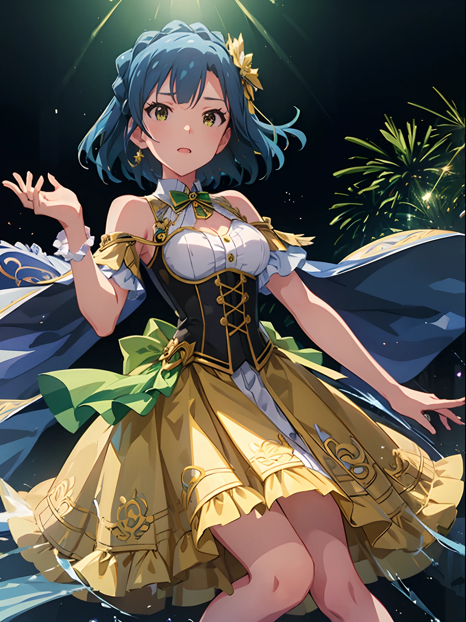 yuriko nanao (million live), 1 girl, Solo, Best Quality, High resolution, 8K, Wallpaper, Ultra-detailed, detailed face, singing, dynamic porse, Corset Dresses, Collared dress, white and Green dress, weaving for viewer, fireworks,