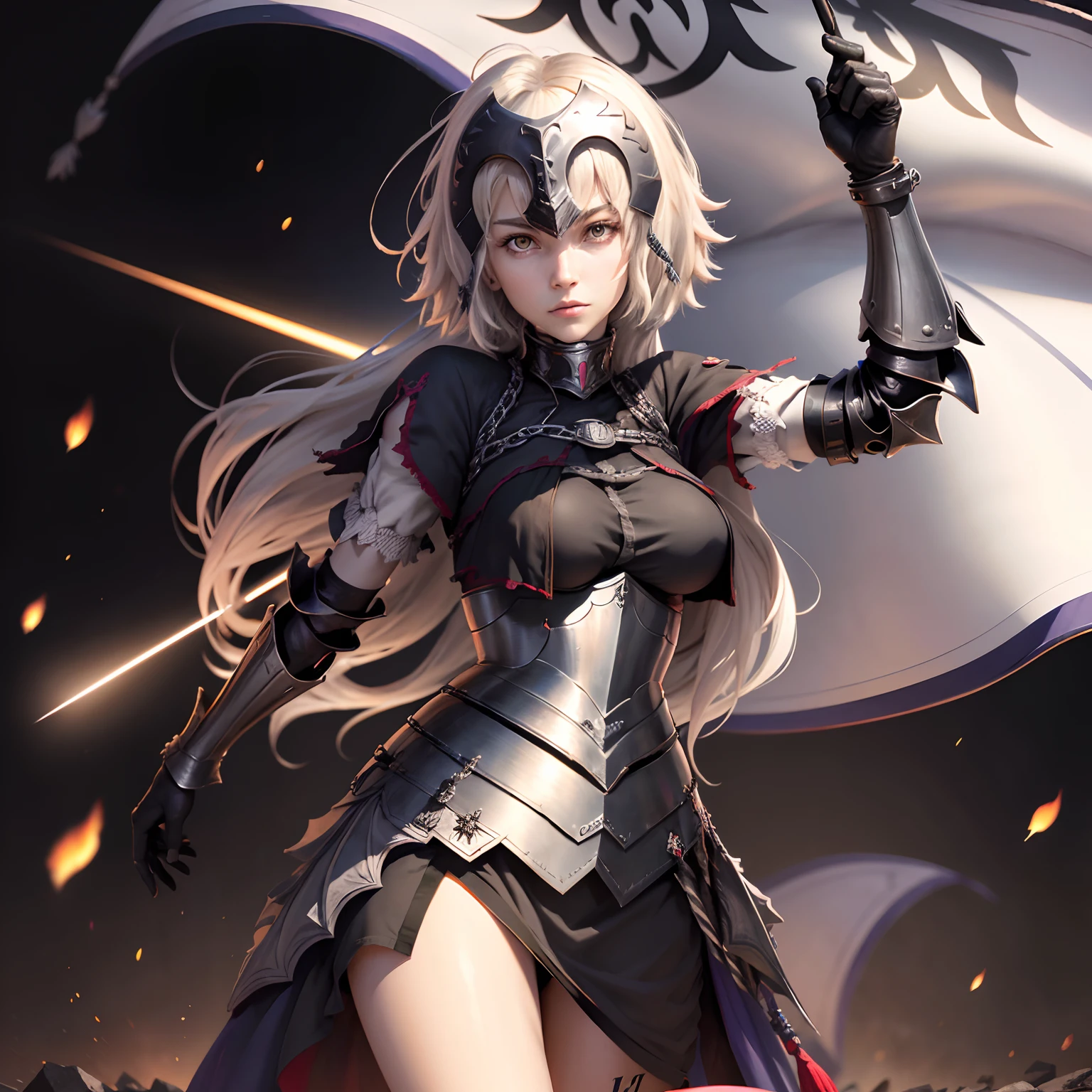 ((Personagem hyper realista)), (Jeanne d'Arc Alter de 20 anos), Grande Ordem do Destino, defronte/corpo inteiro/, corpo perfeito, corpo intrincado, cabelo longo, cabelo loiro,/Hiper realista, qualidade extrema, maximum details, max quality, Hyper realistic Cinematic lighting/,
