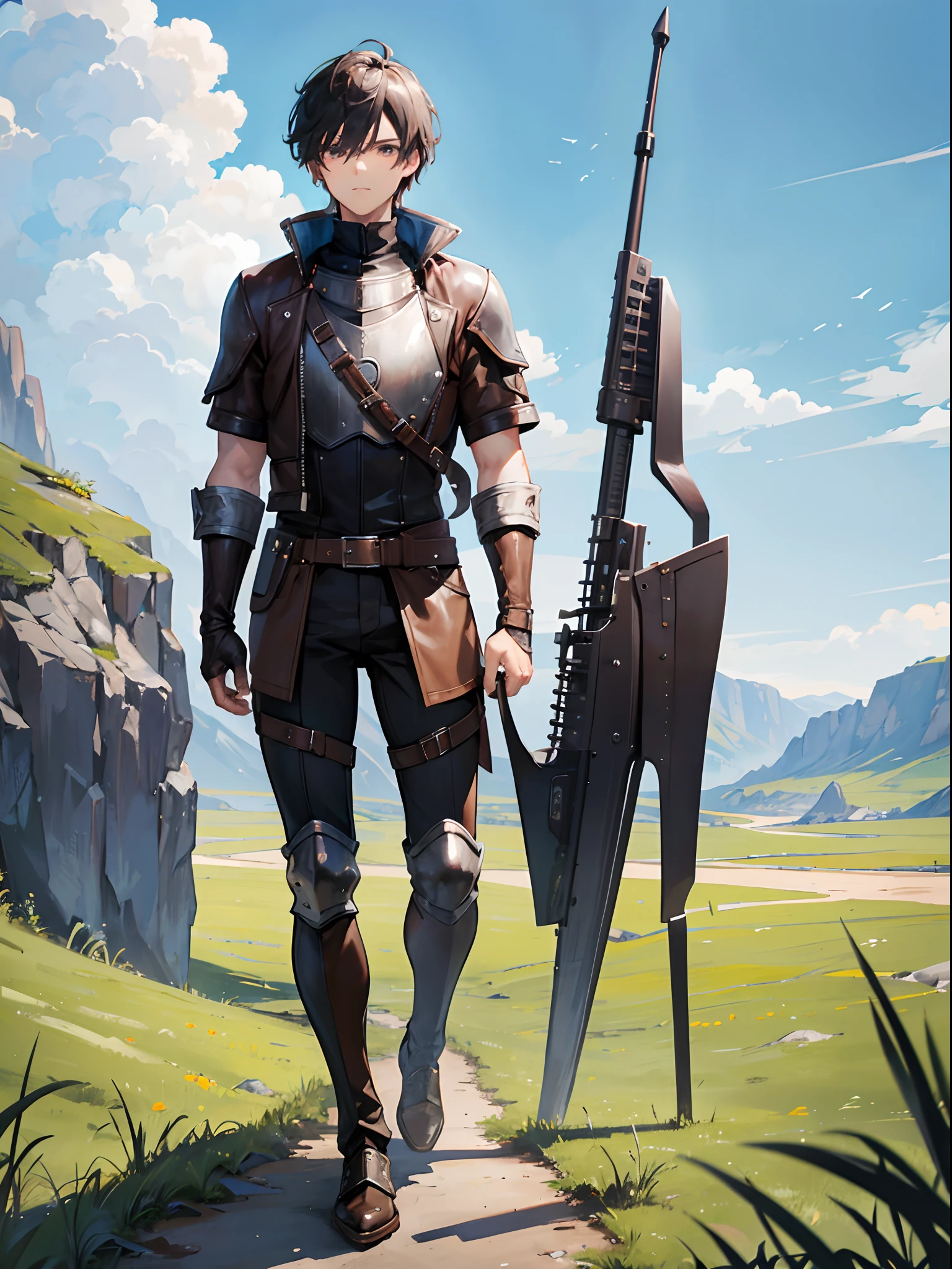 1man, standing, short black hair, gray eyes, brown leather jacket, aviator jacket, knight, adventurer, short sleeves, breastplate, grassland, absurdres, high res, ultrasharp, 8K, masterpiece, looking at viewer, blue sky, full body
