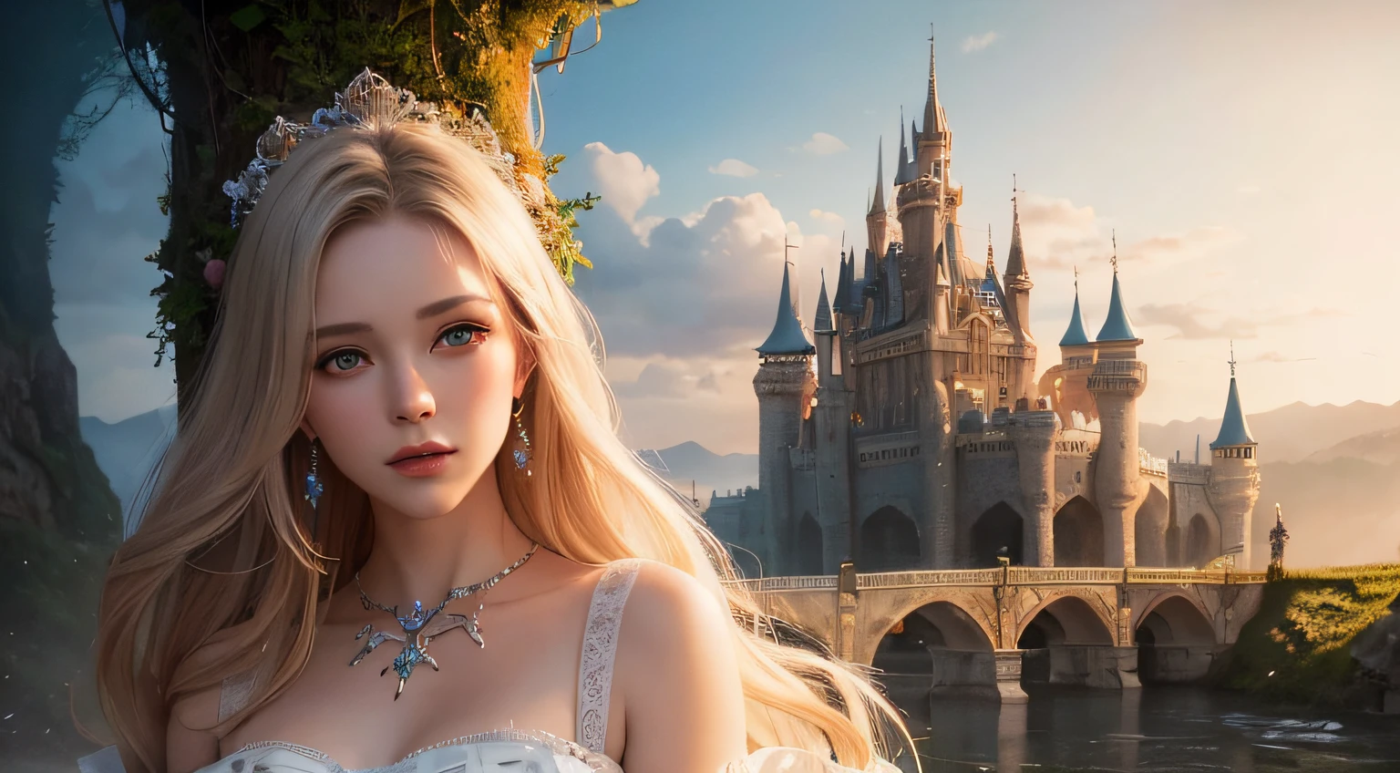 ((there is a woman in a white dress standing in front of a castle)), like Alice in wonderland, beautiful face, detailed face, detailed fingers, fantasy fairytale story, beautiful render of a fairytale, beautiful fantasy maiden, fairytale artwork, beautiful fantasy art, romantic storybook fantasy, very beautiful fantasy art, realistic fantasy illustration, fantasy matte painting,cute, fantasy art behance, breathtaking fantasy art, fantasy beautiful, fantasy digital art, fantasy style art, close up