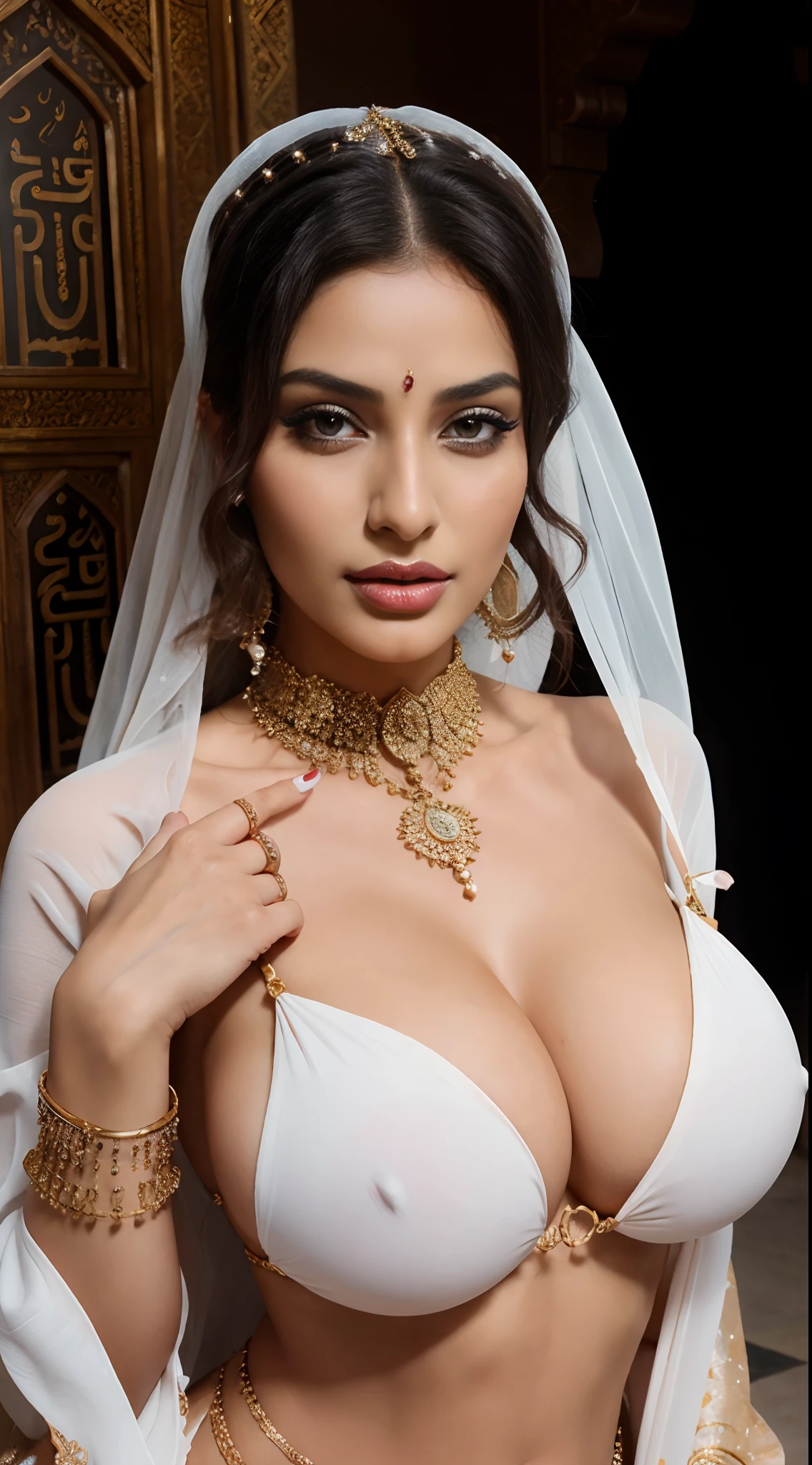 a woman in a veil posing for a picture, arabic goddess, traditional beauty, arabic, beautiful goddess, ornate cosplay, indian style, arabic super model, beautiful maiden, gorgeous woman, middle eastern with long, provocative arabic, gorgeous beautiful woman, intricate outfit, Arabian aesthetic, beautiful middle eastern girl, extremely detailed goddess shot, jaw-dropping beauty, big boobs deep cleavage sexy navel, perfect nails, detailed women's nails, white colored nails, finger nails, detailed feminine hand, very realistic hand with 5 fingers, perfect 5 fingers on hand, perfect 5 toes on feet, hiding fingers