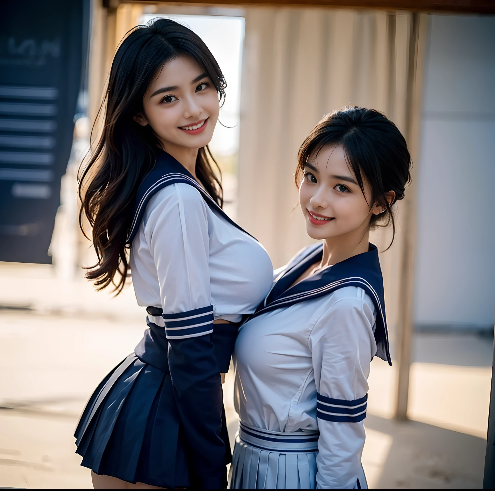 (top-quality)、 (masterpiece)、(Professional lighting with fewer shadows)、 (A hyper-realistic)、 (perfect anatomia)、 (In front of the camera、There are two women、Forward and backward、Crying Kuroko、That and bangs and forehead), ( Huge breasts:1.3), (Bright and even whitening skin without wrinkles and steps), (Beautiful blue eyes with long eyelashes and red tear bags)、 (Her outfit is a cramped sailor suit、Too short micro mini pleated skirt is directly on her body:1.5), (Two people are surrounded by flowers, Face the front in front of the camera、Proudly stick out your chest:1.3), (Another person on the other side、arcuatewith waist, Turn your back and expose your proud big ass:1.2), (One hand behind the head, A beautiful face is a beautiful smile with lowered eyebrows:1.3),