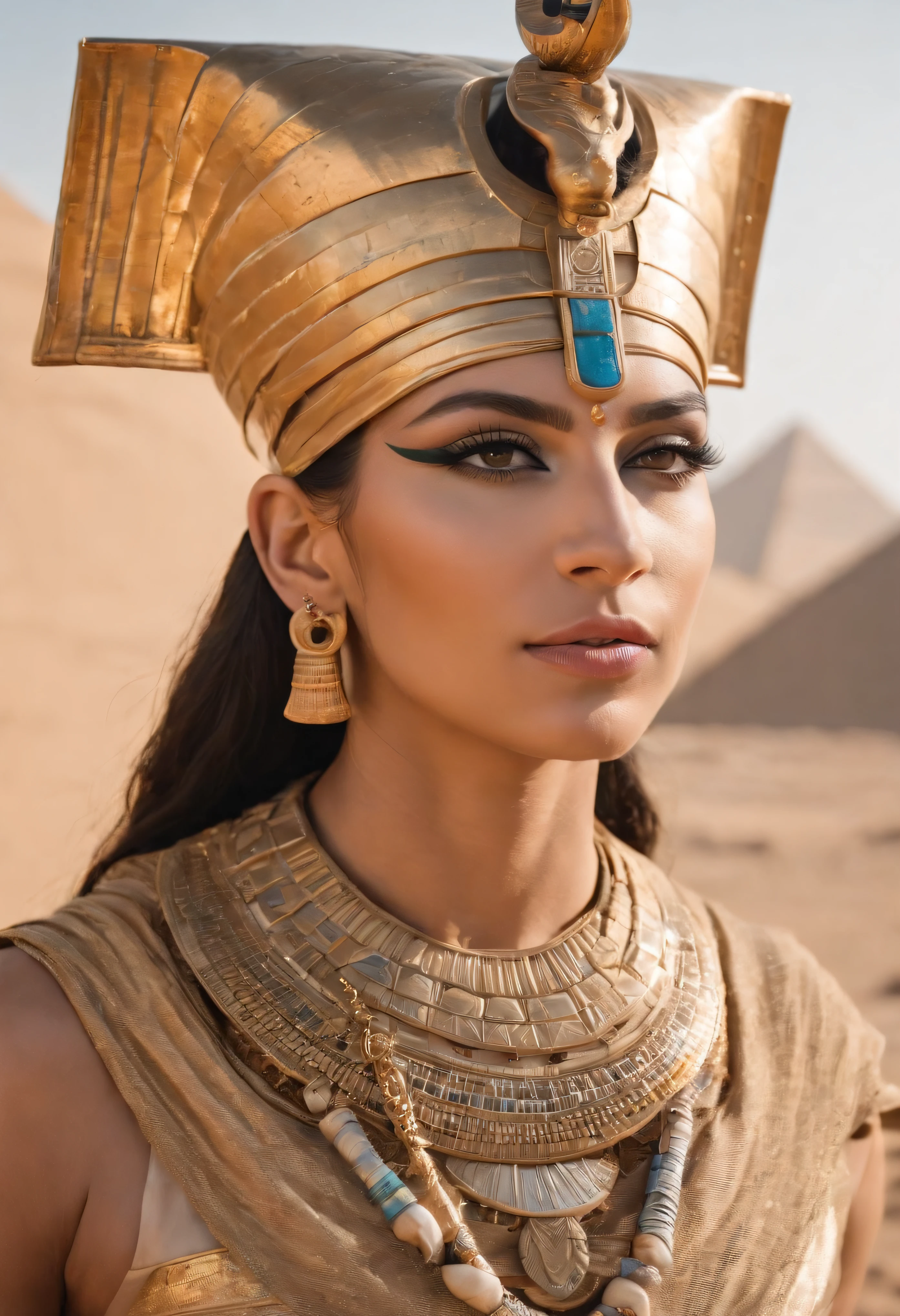 (best quality:1.2, ultra-detailed:1.2), Pharaoh, man, Ramses, Egyptian crown, Egyptian eye makeup, rich background with dense papyrus plants, Nile river, unique style, vibrant colors, surreal lighting