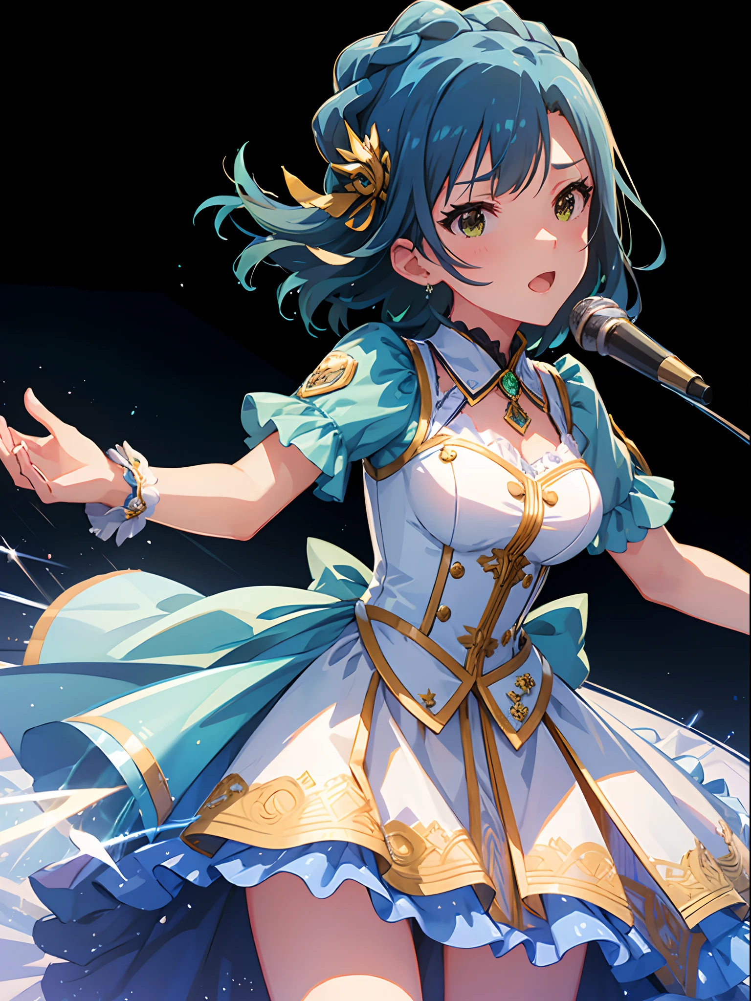 yuriko nanao (million live), 1 girl, Solo, Best Quality, High resolution, 8K, Wallpaper, Ultra-detailed, detailed face, singing, dynamic porse, Corset Dresses, Collared dress, white and Green dress, weaving for viewer, fireworks,