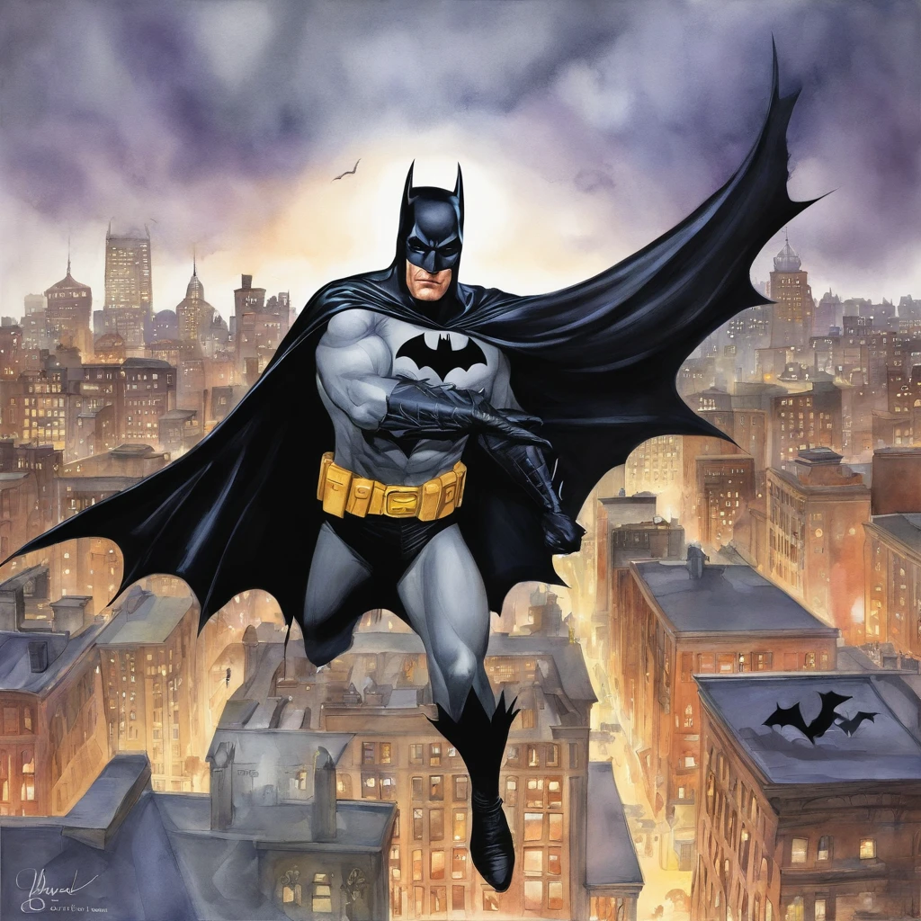 Batman perfect anatomy on the rooftops of Gotham City à la Alex Ross