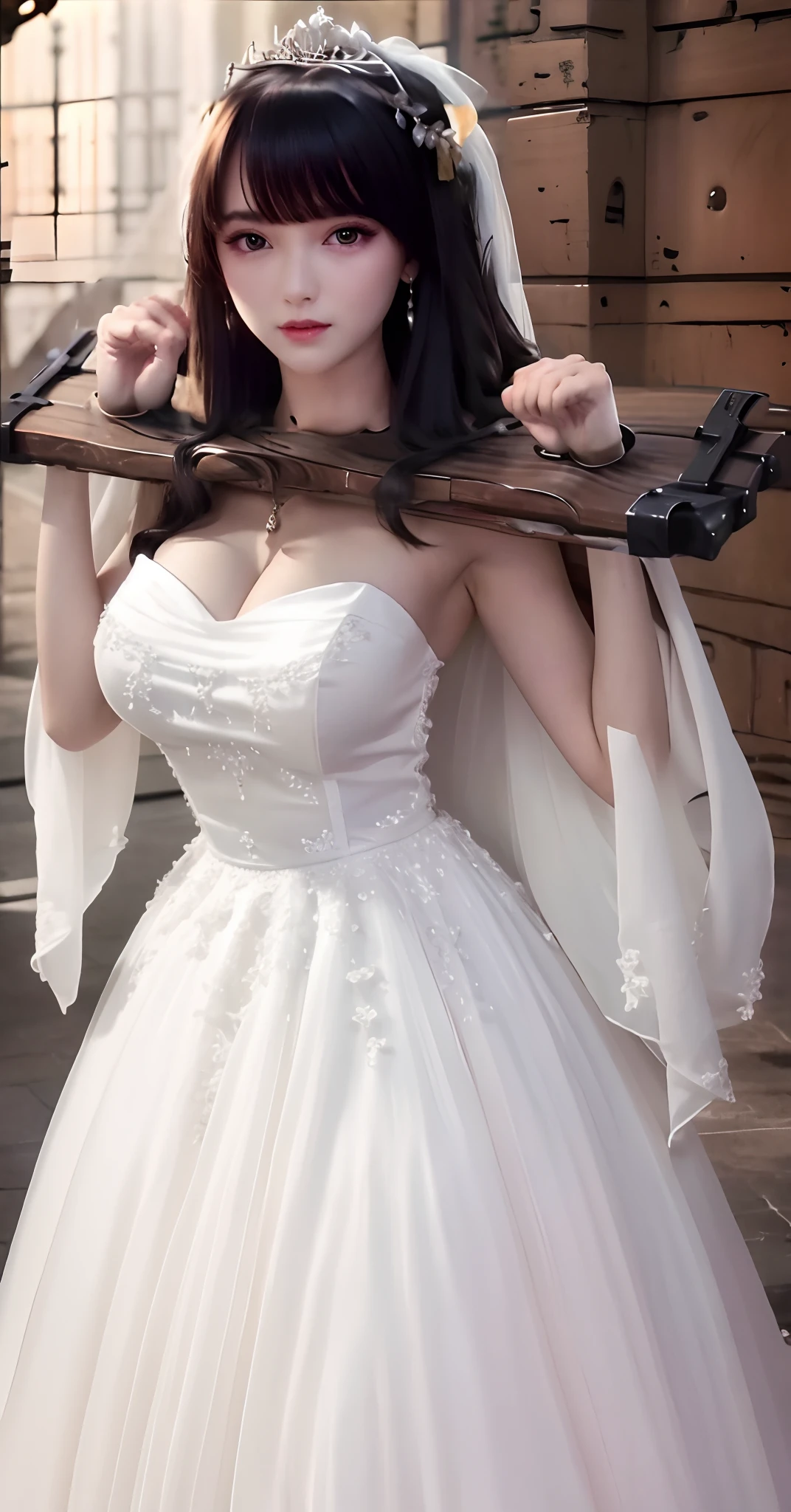 Close-up of a beautiful bride wearing a beautiful wedding dress, Gurwitz,（Pillory：1.5）, （flail：1.2）,  flail on the head, flail on the hands,(bridal veil: 1.5), (transparent short veil: 1.5), flushed face, head flower, tiara, Very detailed princess wedding dress,(tube wedding dress: 1.5), (silk dress: 1.2 ), (strapless wedding dress: 1.5), （floor length skirt：1.2）, pure white dress,white long skirt, necklace, earrings, (huge breasts: 1.3), deep V heart-neck wedding dress, bangs, lipstick, (lace gloves: 1.3),  high detail RAW Color art,