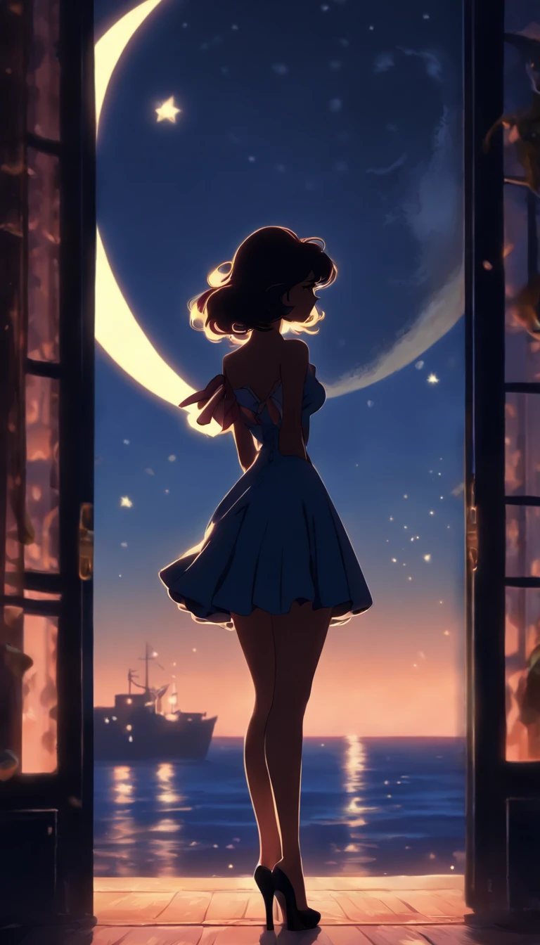 (Silhouette art,best quality,top quality,masterpiece,4k,)(fashion models),necklace,choker,collar,
(((arte em papel cortado,A world where only black exists:1.2),
(style of 90s retro image,classical,fairy),1lady,Solo,slim body,perfect female shape,epic quality,elegant and beautiful,(kneeling up,)
(profile:1.2),ray tracing,movie level lighting,Cinematic storyboard,high heels,Moonlight,The moon behind,beautiful thighs,thin thighs,Delicate legs,beautiful legs,sexy legs,long legs)),Slender,
sunder
(Dark moon),caucasian,((sailor dress))