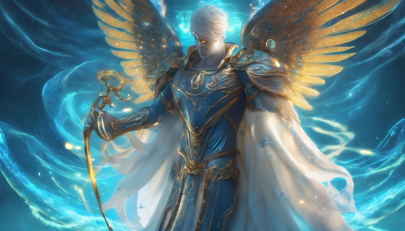 Cosmic Fallen blue boy Angel, glowing light eyes, Delicate and beautiful face，Bigchest，Biomechanical, eerie, Dream-like, Very bright colors, Light particles, with light glowing, Mshiv, wallpaper art, UHD wallpaper