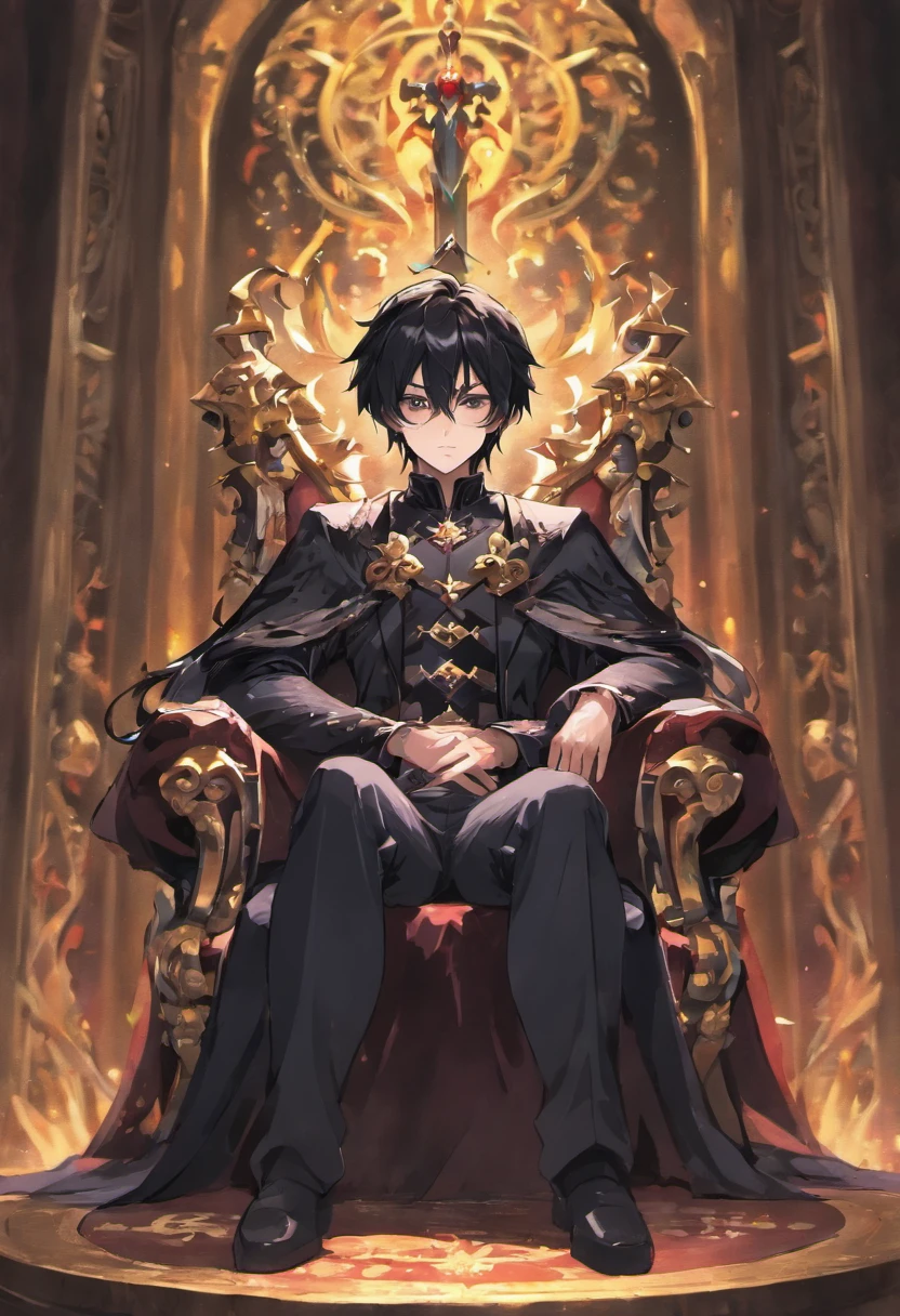 A male dark prince with black hair sits on a royal throne with a dark creature