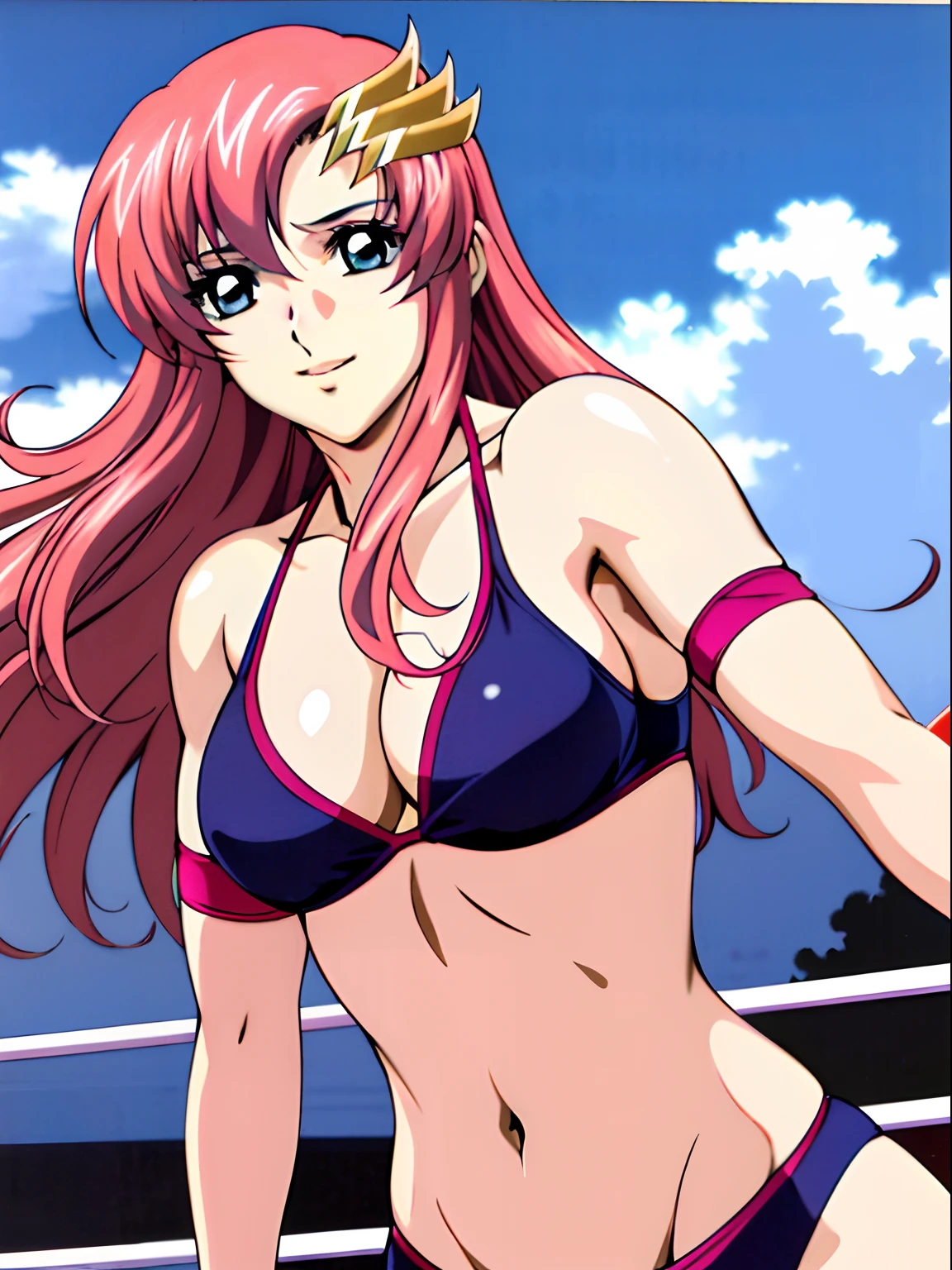 (masterpiece, upper body view, 4K, Best Quality, Anime style: 1.9,, Adult Woman, ultra detailed face, (cloud background, wrestling), Drawing lines, high resolution, Anime, lacus4), 1girl, Solo, curvy figure, Long hair, 鎖骨, scapular, (Detailed wide hair bangs, Hair Ornament, Detailed reddish-pink hair, golden crest), cleavage, large hands, (female wrestler). (Big blue eyes, shiny eyes), ((female wrestler, slender body, broad shoulders, closed fists)), ((perfect proportions, medium breasts, long belly)), (((bikini, pink wrestling gear))), happy, smile, (standing, looking at the viewer)