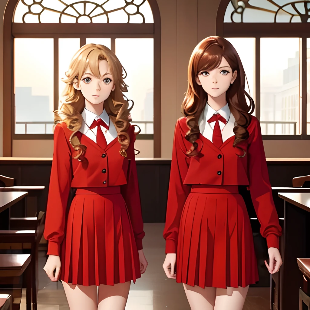 Masterpiece, best quality, anime screencap, 2girls, duo, twins, red skirt suit, mature woman, brown hair, blonde hair, curly hair, hair down, hazel eyes