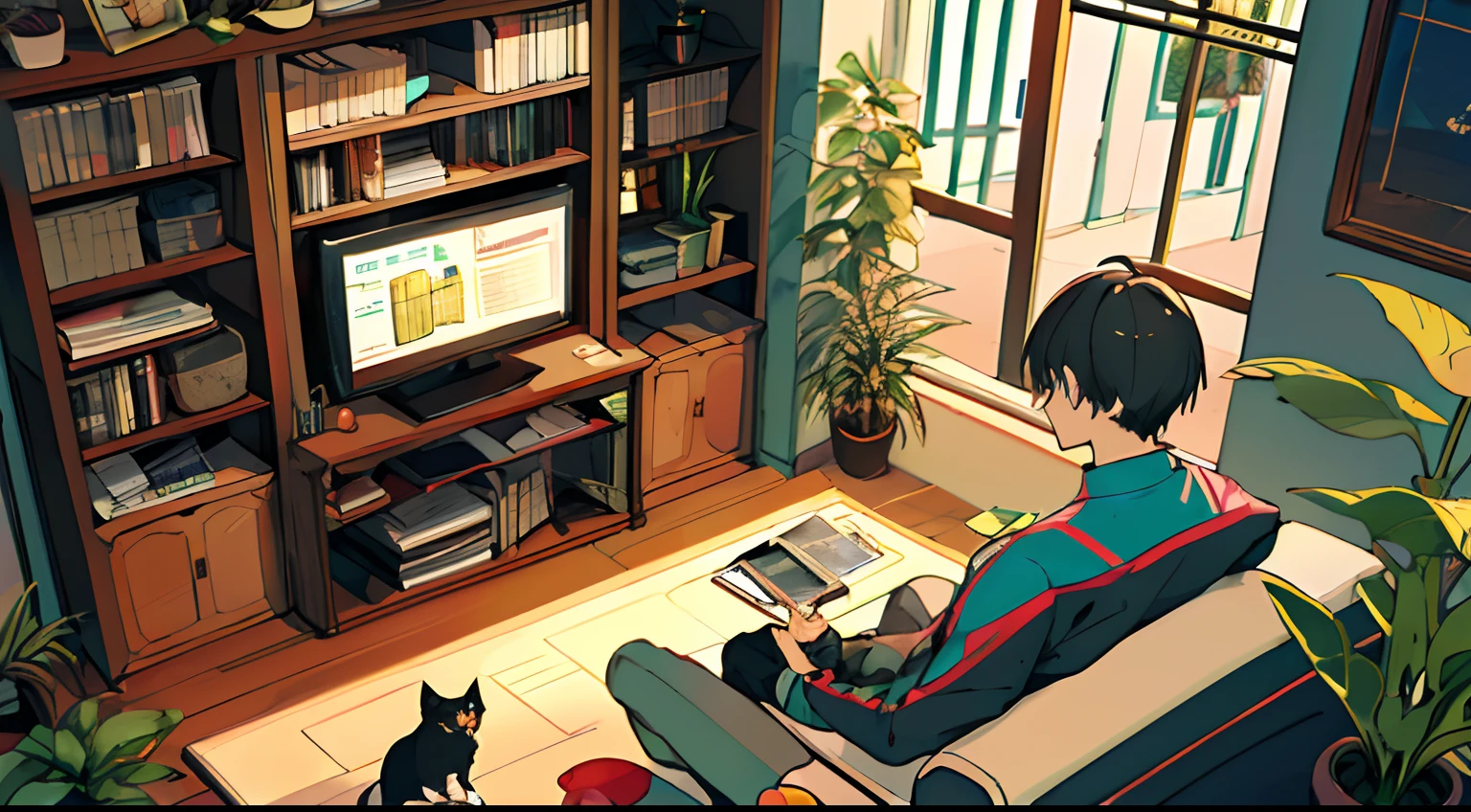 boy, working on computer, from above, plant, black hair, cat, indoors, holding, long sleeve, long hair, stuffed cat, potted plant, book, food, window, phone, loaded interior, television, short hair, on the back, stuffed, bangs, slippers, barefoot, sitting, bookcase, shelf, cable