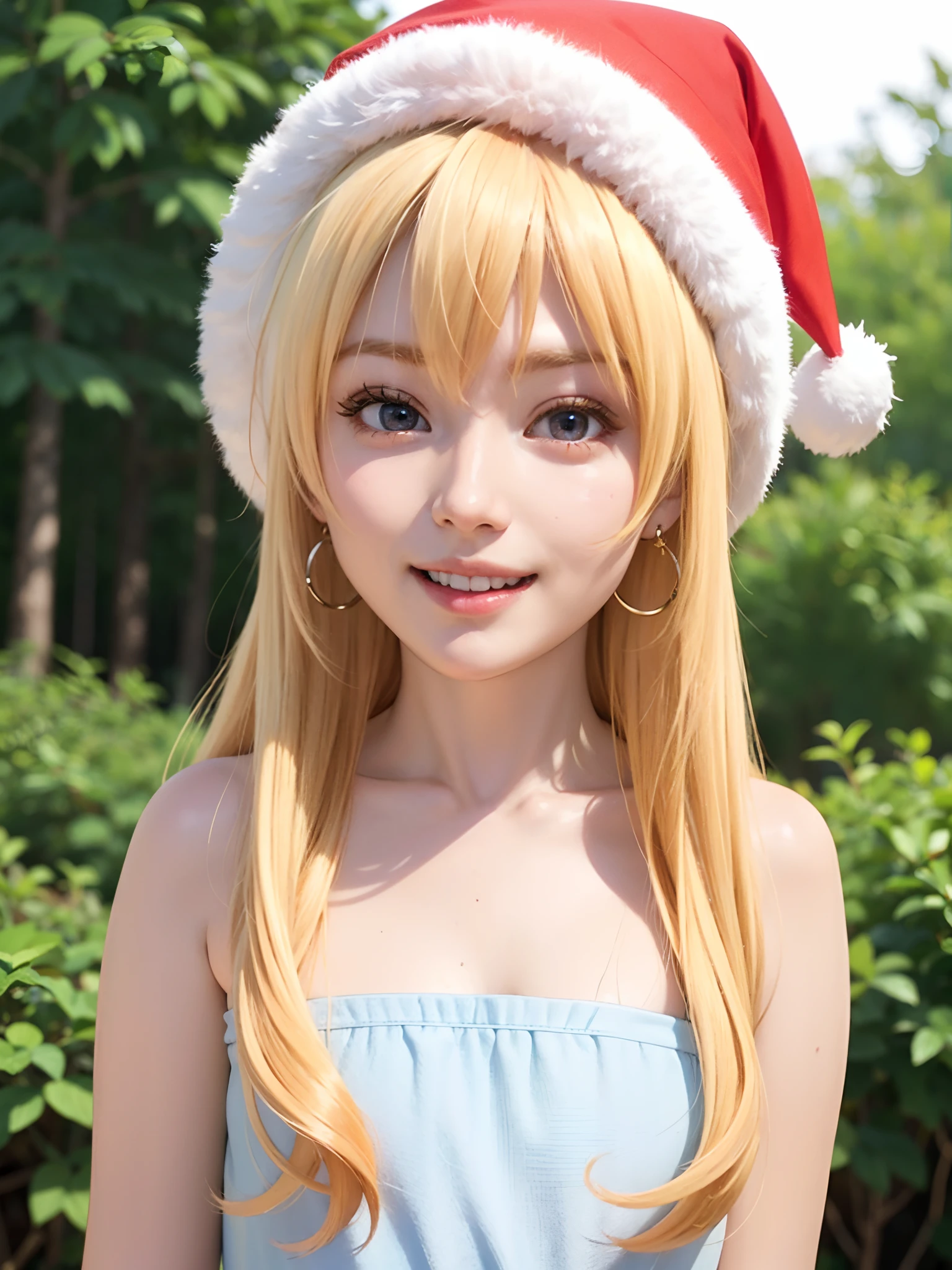 (masuter piece、Best Quality、Cute symmetrical face、Norse man、Beautiful blonde hair with bangs、a blond、1 girl、Very young pretty girl、Very young girl、Very young pretty girl、Very small cute girl、Deities々Shii Girl、Very young face、Symmetrical and very cute face)、(Beautiful shiny beautiful blonde hair with bangs、Intense crystal light blue eyes、Pale colored crystal light blue eyes、no earrings、Beautiful white skin)、(Cute costume of Santa Claus in red and white、Cute hat of Santa Claus in red and white、Very cute girl from Santa Claus)、5years old、Very young very cute girl:1.5、Deities々Cute ***********、very cute female child、happily laughing、Smile happily、The best smile、Beautiful teeth、Beautiful teeth alignment、Beautiful skins、Staring into the distance on the left、Forest with light on beautiful nature background、Deities々Deep forest background、Winter forest background、cowboy  shot