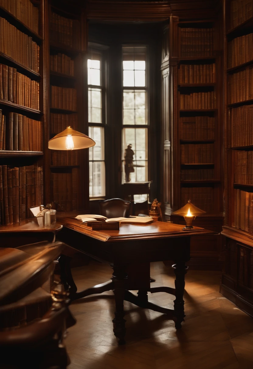 "Describe a library room with a trainer's chair. The trainer is seated at the table, en train de donner une formation, but he looks directly into the camera, thus allowing remote people to follow its training. Mettez en avant l'ambiance calme, tidy book shelves, la grande table en bois et la chaise du formateur, as well as a soothing light source."