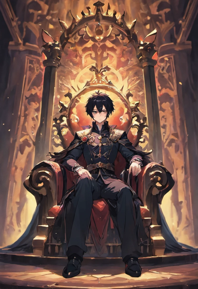 A male dark prince with black hair sits on a royal throne with a dark creature