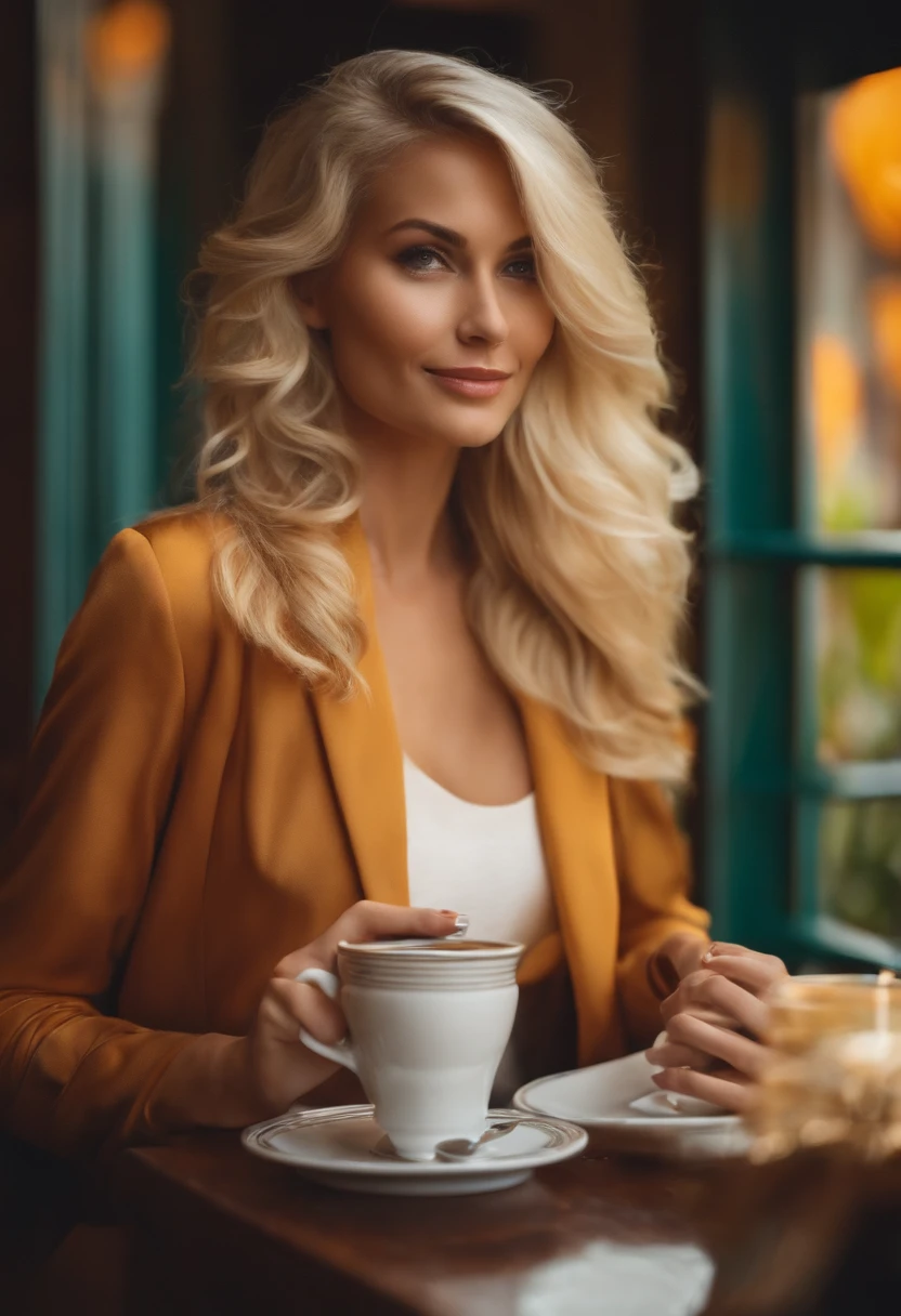 blonde woman having coffee