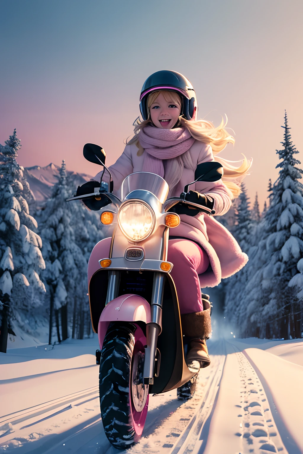 (best quality,4k,8k,highres,masterpiece:1.2),ultra-detailed,realistic:1.37, girl,long blond hair,green eyes,riding pink scooter,winter wonderland,snow-covered trees,sparkling snowflakes,frosty breath,crisp winter air,white landscape,frozen lake,icy snow path,pink sky,powdery snow,soft snowflakes falling,gloves,scarf,warm winter coat,earmuffs,furry boots,joyful expression,cold but happy,flowing blond hair,blowing wind,rosy cheeks,scooter's handlebars,pink helmet,icy road ahead,frosty icicles,distant snowy mountains,captivating winter scenery,vivid colors,portraits