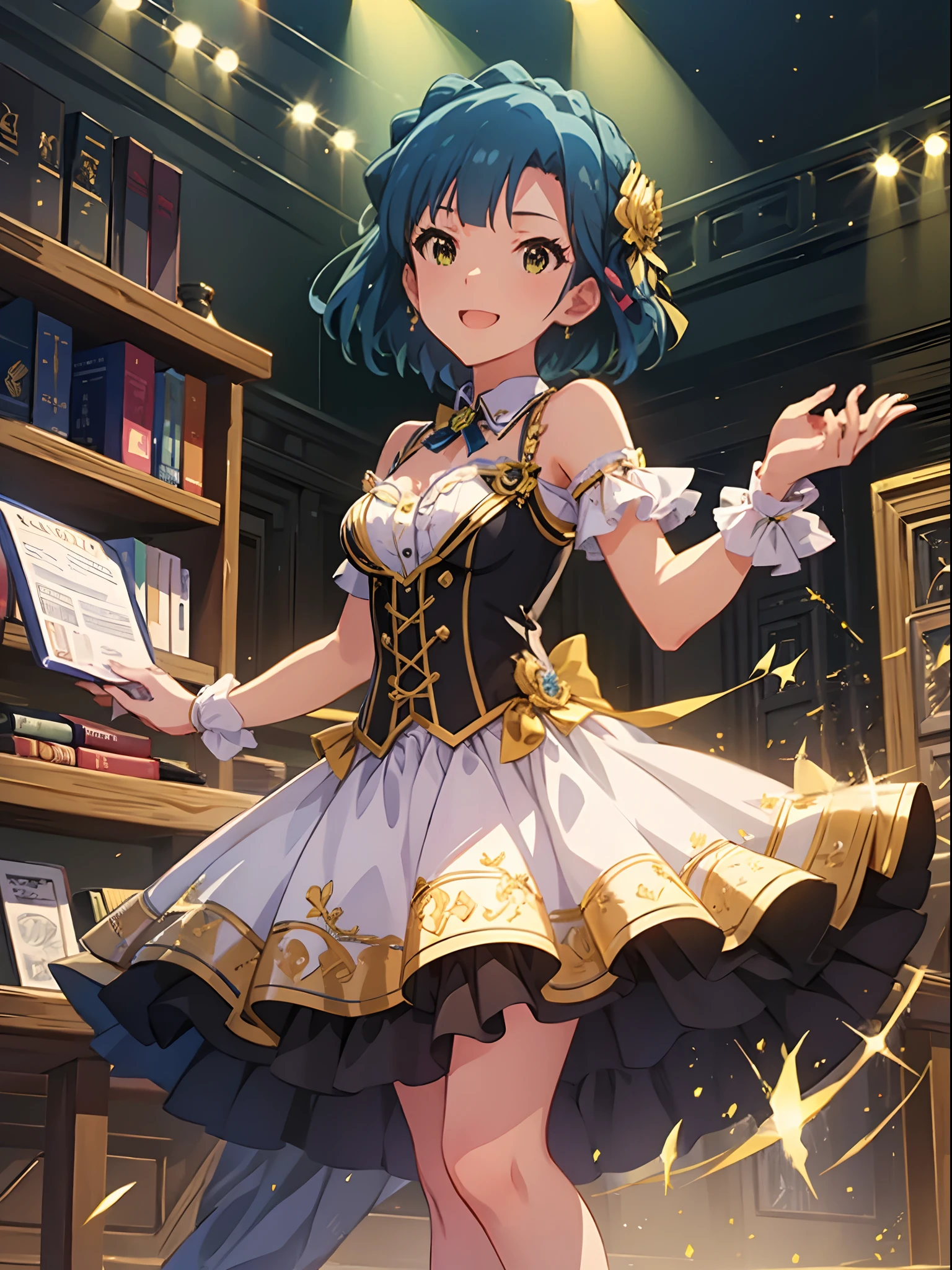 yuriko nanao (million live), 1 girl, Solo, Best Quality, High resolution, 8K, Wallpaper, Ultra-detailed, detailed face, singing, smile, dynamic porse, idol costume, Corset Dresses, Collared dress, white and Green dress, sweat, weaving for viewer, fireworks, concert light, strong light, library, bookshelf,