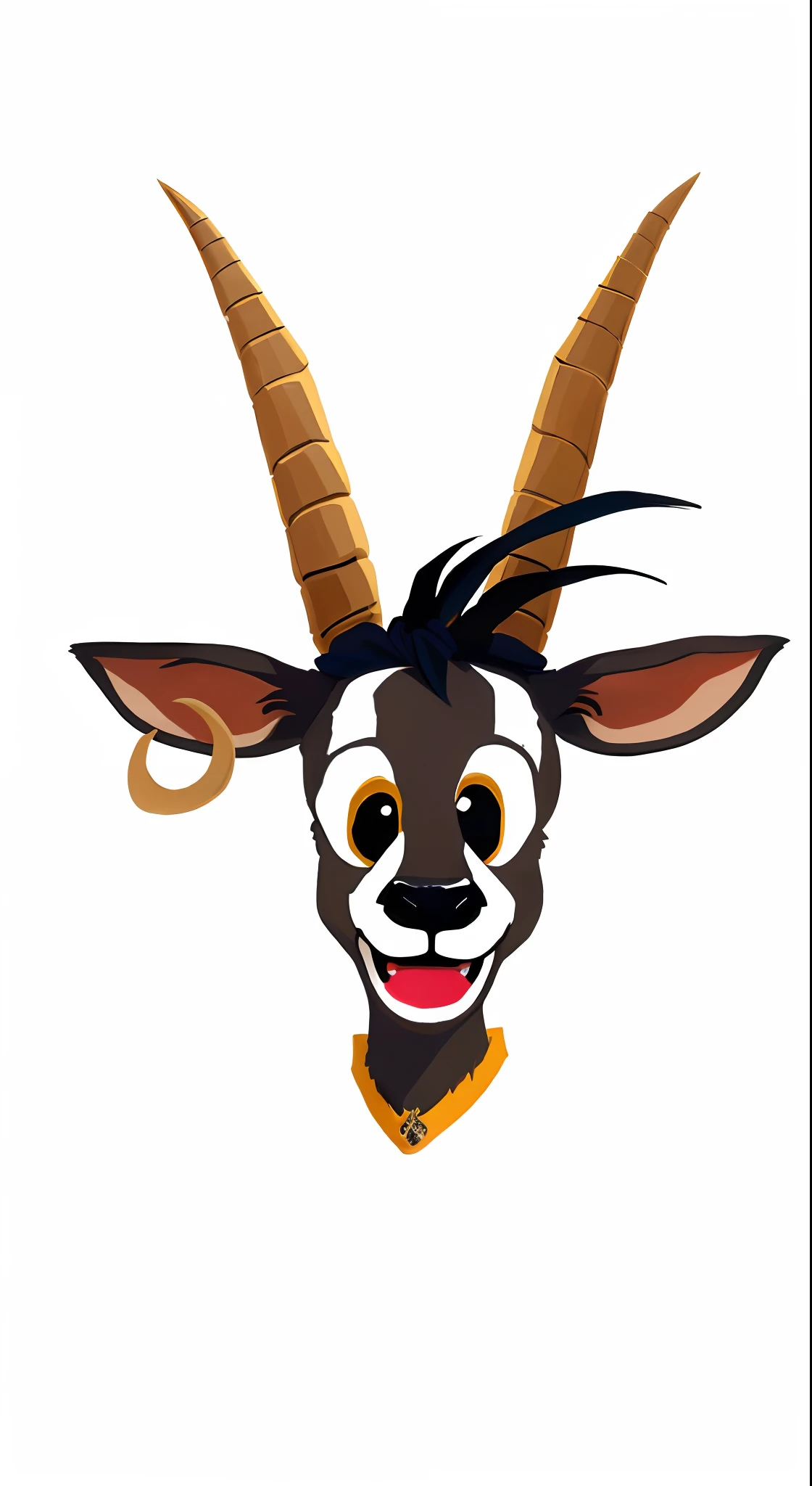 There is a goat with horns and a yellow collar, "Retrato de um animal de desenho animado, cauda longa com chifres, an anthropomorphic deer, com chifres, horned, Goat horns on the head, um chifre, !!! muito coerente!!! arte vetorial, anthropomorphic deer, tem chifres: um afiado, Mascot illustration, chifres brancos das sobrancelhas