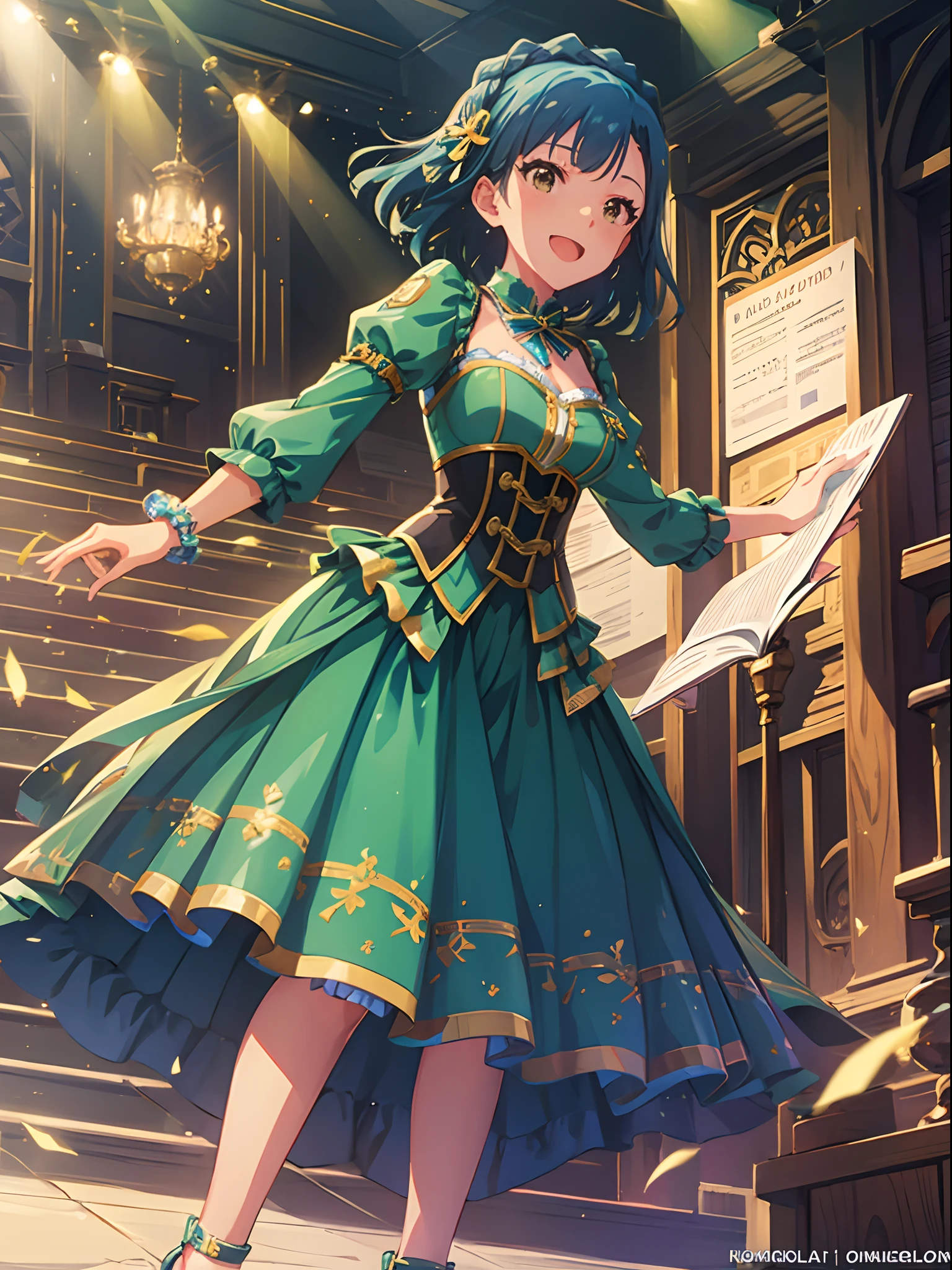 yuriko nanao (million live), 1 girl, Solo, Best Quality, High resolution, 8K, Wallpaper, Ultra-detailed, detailed face, singing, smile, dynamic porse, idol costume, Corset Dresses, Collared dress, white and Green dress, sweat, weaving for viewer, fireworks, concert light, strong light, library, bookshelf,