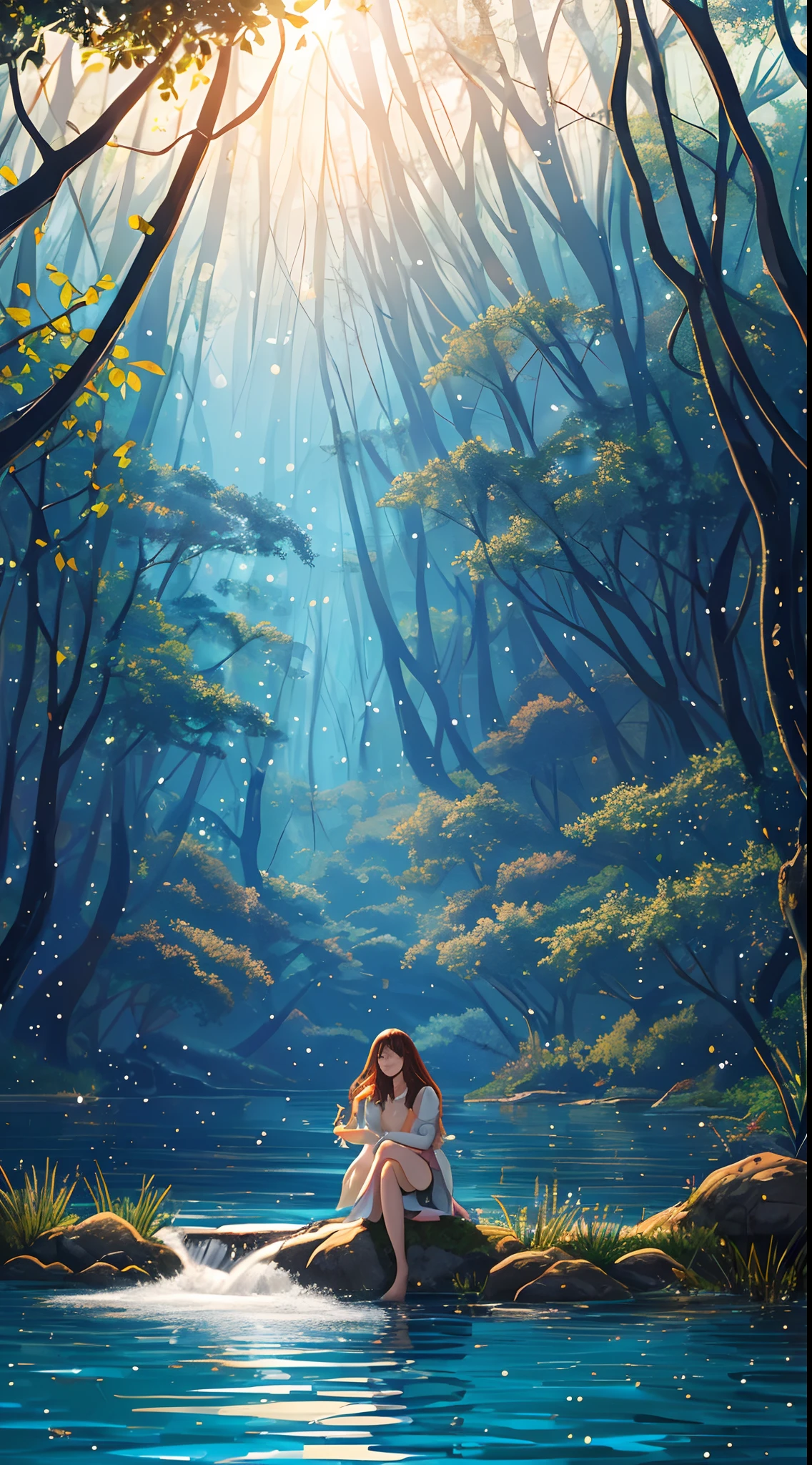oil painting, ultra detailed illustration of a gorgeous water muse, long brunette hair, extremely detailed and beautiful face, gracefully sitting on a rock in a lake, water particles surrounding her, forest at background, vector, cartoonish vector, ((cel-shading:1.1)), fantasy art by Mschiffer, manga, anime, flat lights, flat colors, ethereal glow, mystic, glowy water floating around, light particles, whimsical,