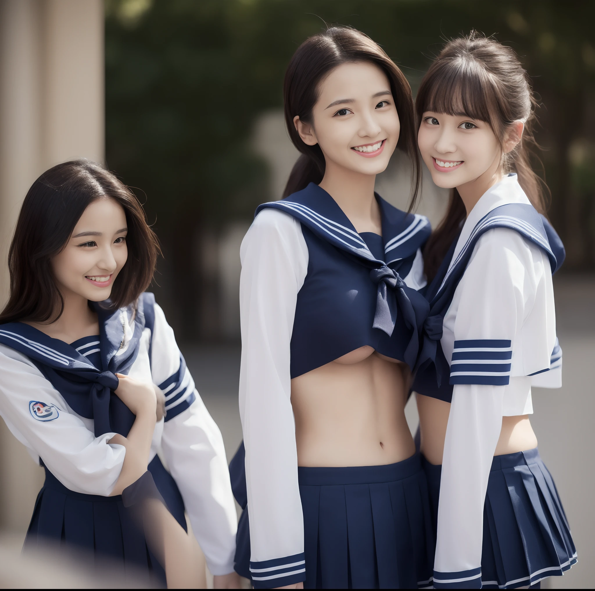 (top-quality)、 (masterpiece)、(Professional lighting with fewer shadows)、 (A hyper-realistic)、 (perfect anatomia)、 (In front of the camera、There are two women、Forward and backward、Crying Kuroko、That and bangs and forehead), ( Huge breasts:1.3), (Bright and even whitening skin without wrinkles and steps), (Beautiful blue eyes with long eyelashes and red tear bags)、 (Her outfit is a cramped sailor suit、Too short micro mini pleated skirt is directly on her body:1.5), (Two people are surrounded by flowers, Face the front in front of the camera、Proudly stick out your chest:1.3), (Another person on the other side、arcuatewith waist, Turn your back and expose your proud big ass:1.2), (One hand behind the head, A beautiful face is a beautiful smile with lowered eyebrows:1.3),