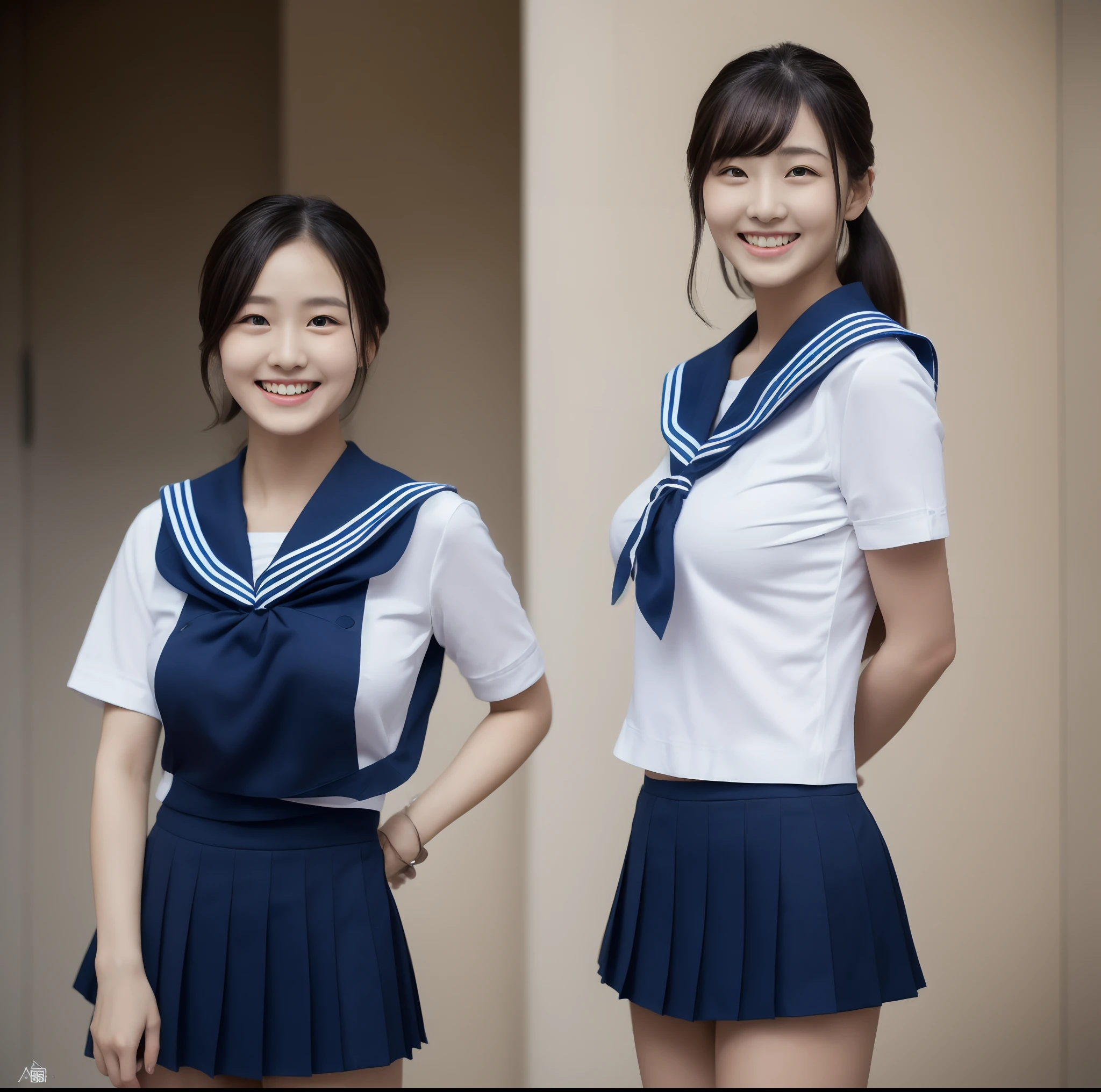 2 girls in classroom,white long-sleeved sailor leotard with skirt,red bow tie,18-year-old,bangs,a little smile,thighs,knees,short cut hair,low ponytail,from below,front-lighting