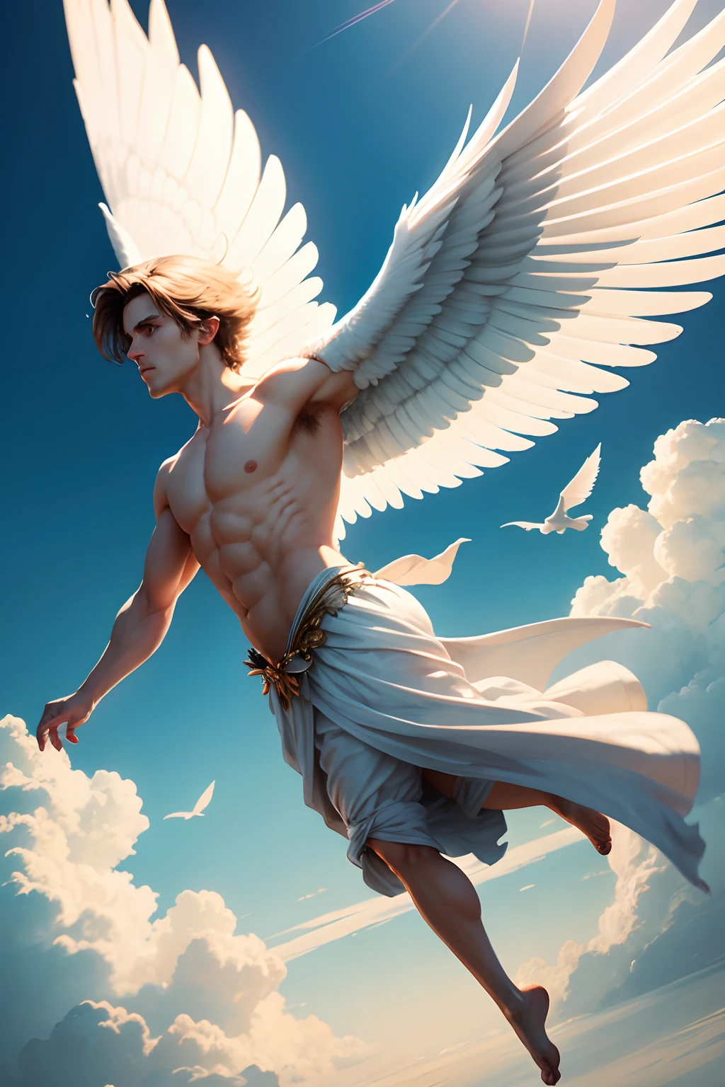 Majestic male angel floating in the sky.flapping his wings