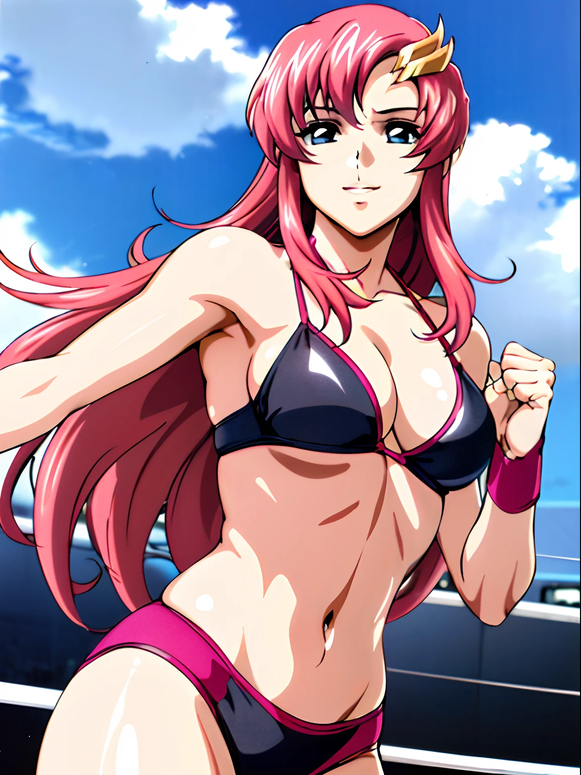 (masterpiece, upper body view, 4K, Best Quality, Anime style: 1.9,, Adult Woman, ultra detailed face, (cloud background, wrestling), Drawing lines, high resolution, Anime, lacus4), 1girl, Solo, curvy figure, Long hair, 鎖骨, scapular, (Detailed wide hair bangs, Hair Ornament, Detailed reddish-pink hair, golden crest), cleavage, large hands, (female wrestler). (Big blue eyes, shiny eyes), ((female wrestler, slender body, broad shoulders, closed fists)), ((perfect proportions, medium breasts, long belly)), (((bikini, pink wrestling gear))), confident, smile, (standing, looking at the viewer)