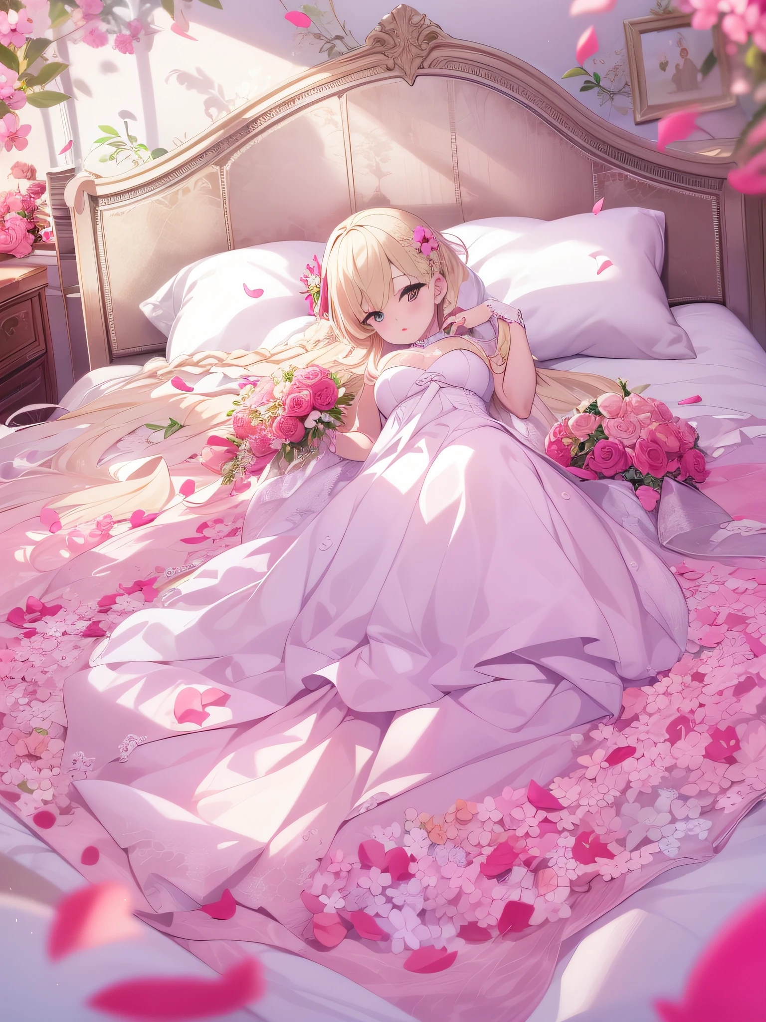 in 8K、top-quality、​masterpiece、ultra-detailliert、Ultra-high resolution、Anime style、on the beds、laying on back、Pink cheeks、pink lipsticks、a blond、Braided hair、weddingdress、flower petals