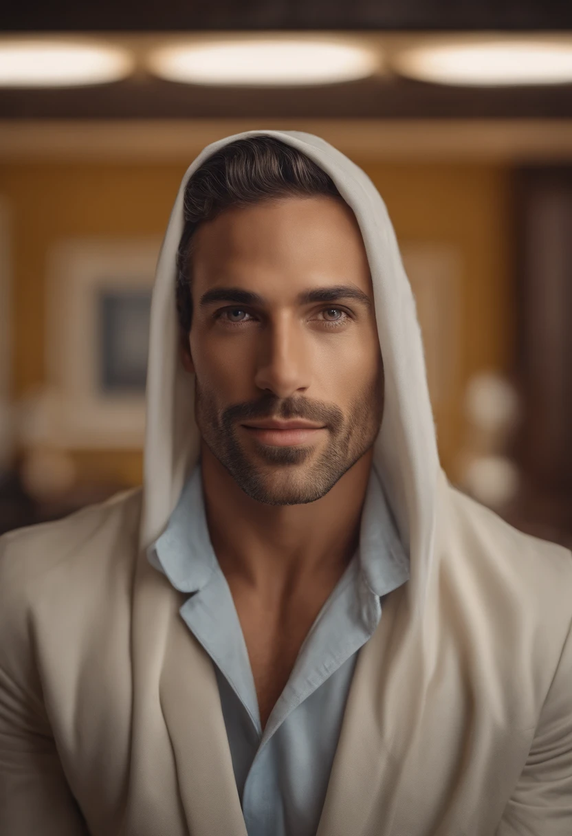 Um homem branco, 30 anos, com cabelos amarelo-loiros, olhos azuis. His face is symmetrical and he has perfect teeth. There are freckles on the nose. He is a LAWYER. The artwork is a highly detailed portrait with a realistic, estilo fotorrealista. Image quality is of the best quality, with 4k or 8k resolution. Lighting is professionally done, with studio lighting to highlight facial features. The overall tone of the color is vibrant and vivid, com um toque de aconchego.
