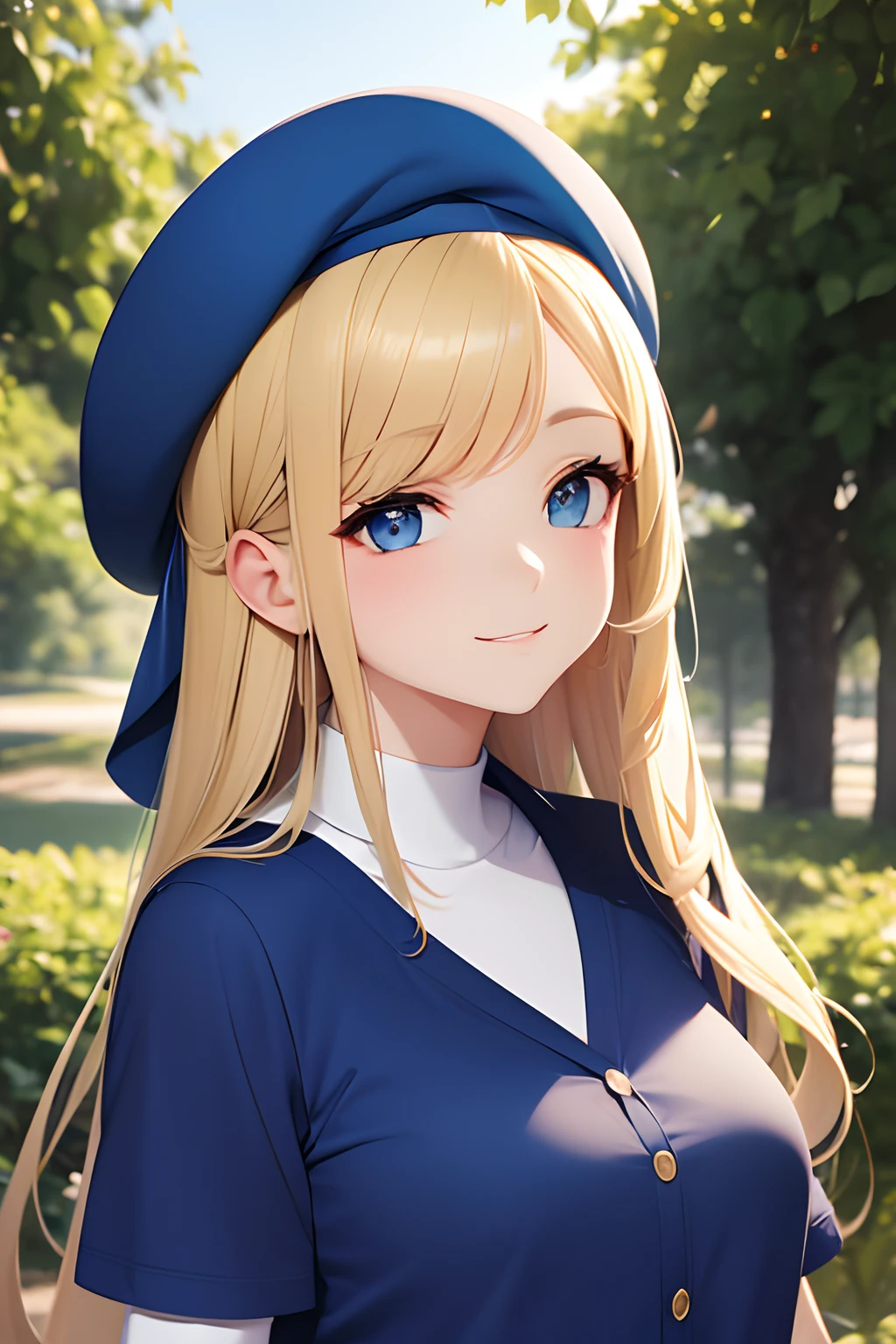 a portrait of a blonde girl with blue cap and blue shirt