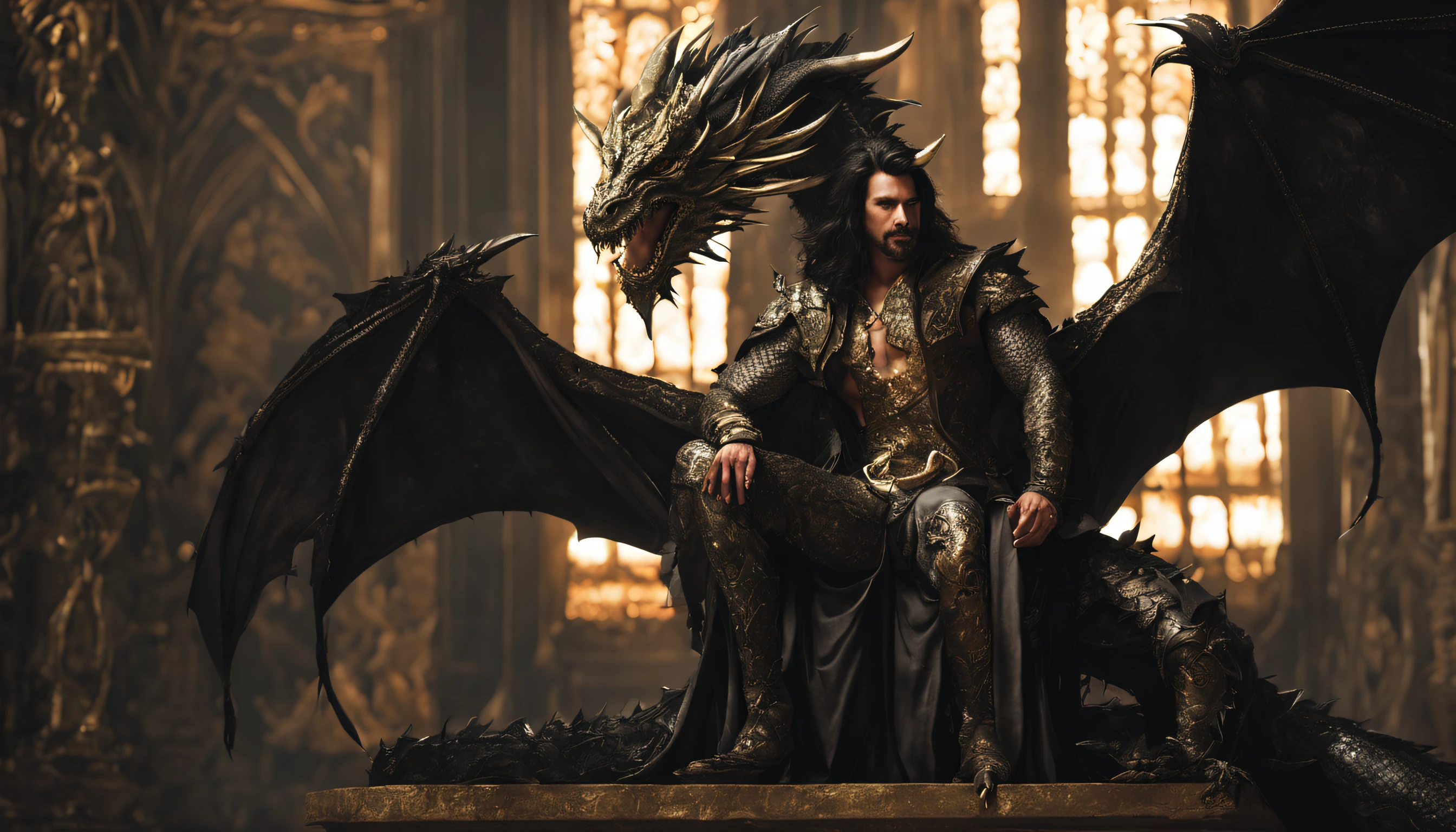 (Handsome dragon guy 40 years old), (long black hair), (Dragon horns on the head), (Black mother-of-pearl dragon scales on the body), (Languid look), (full length:1.4), (Sly grin), jewels, cloths, (naked torso), Fantasy Gothic interior, Sun light, Magic shining pollen in the rays of the sun, ornate patterns, Column, Curtains, hiquality, wallpapers, 24 thousand.........., ultradetail, topquality