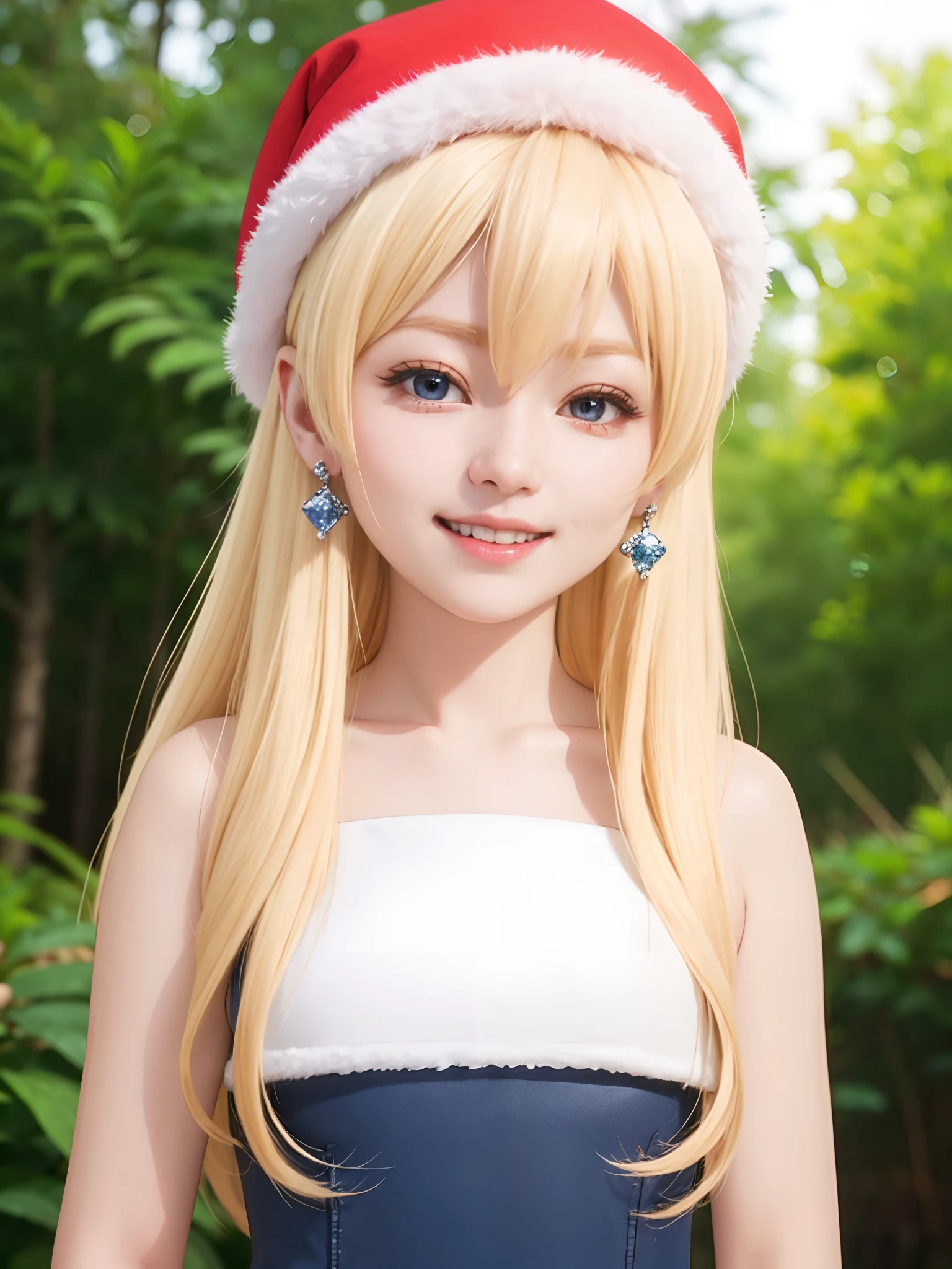 (masuter piece、Best Quality、Cute symmetrical face、Norse man、Beautiful blonde hair with bangs、a blond、1 girl、Very young pretty girl、Very young girl、Very young pretty girl、Very small cute girl、Deities々Shii Girl、Very young face、Symmetrical and very cute face)、(Beautiful shiny beautiful blonde hair with bangs、Intense crystal light blue eyes、Pale colored crystal light blue eyes、no earrings、Beautiful white skin)、(Cute costume of Santa Claus in red and white、Cute hat of Santa Claus in red and white、Very cute girl from Santa Claus)、5ars old、Very young very cute girl:1.5、Deities々Cute liirl、very cute female child、happily laughing、Smile happily、The best smile、Beautiful teeth、Beautiful teeth alignment、Beautiful skins、Staring into the distance on the left、Forest with light on beautiful nature background、Deities々Deep forest background、Winter forest background、cowboy  shot