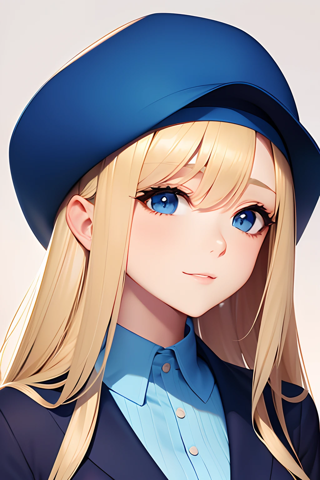 a portrait of a blonde girl with blue cap and blue shirt