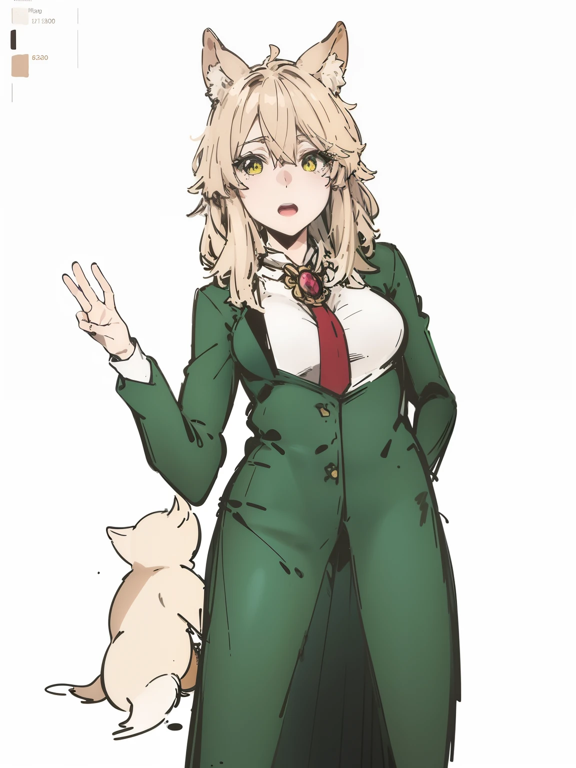 desenho anime de uma mulher em um casaco verde e uma cauda de raposa, female anthropomorphic fox, Cabelos compridos humanoide Fursona, female fursona, lineart colorido, Colorido digitalmente, raposa branca - cabelo, lineart colorido, arte de linha colorida, colorful sketch, character adoptable, totalmente colorido, ( ( usando um casaco longo ) ), high quality colored sketch