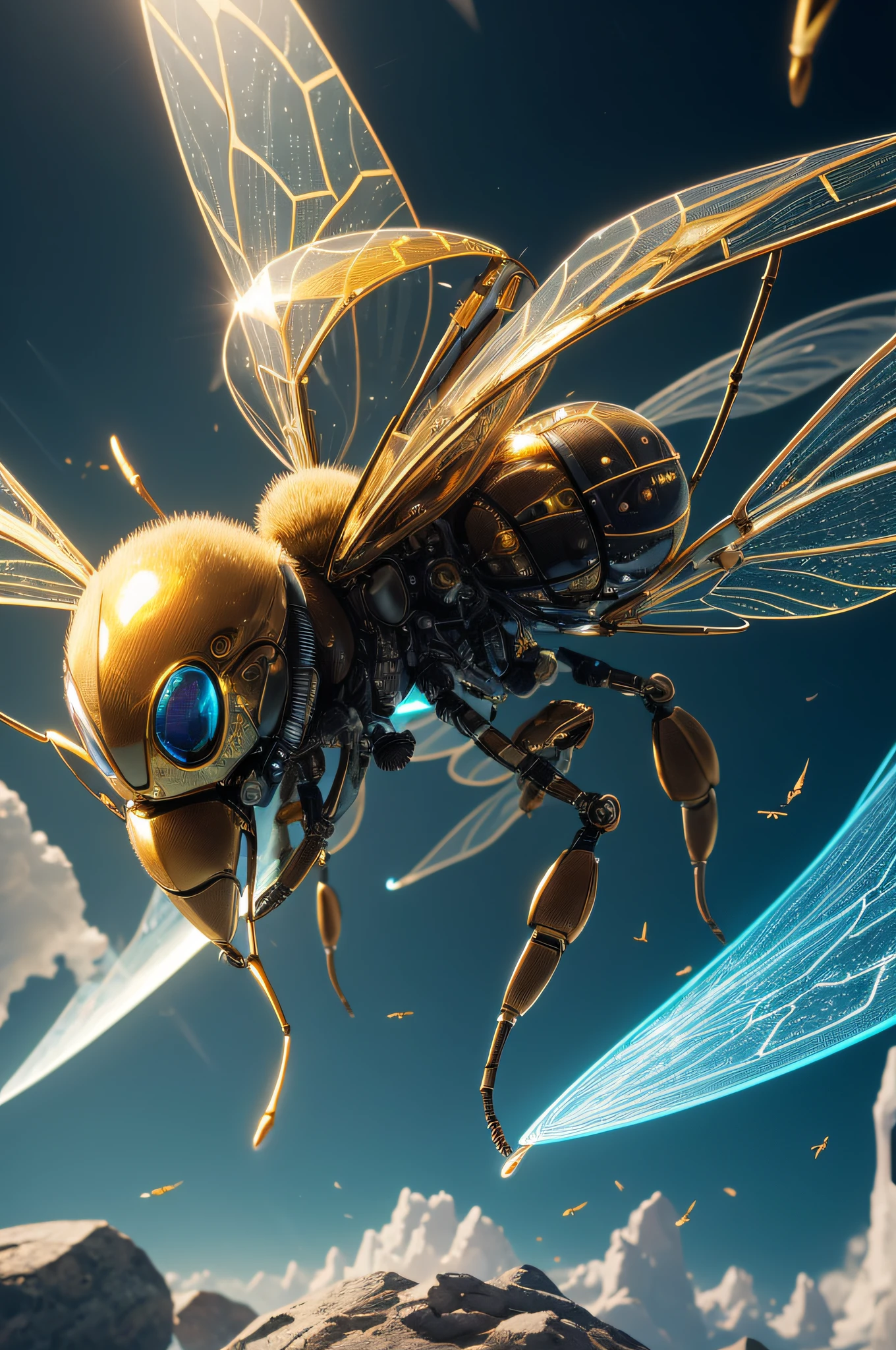 Masterpiece, High definition, High detail, Masterpiece, Best quality, Highest quality, Ultra detailed, High resolution, Ultra highly detailed, robotic, futuristic, honey bee, six legs, electronic, robotic futuristic, side view, in flight, view from side, alien technology, technological drone, Broken Glass effect, no background, stunning, something that even doesn't exist, mythical being, energy, molecular, textures, iridescent and luminescent scales, breathtaking beauty, pure perfection, divine presence, unforgettable, impressive, breathtaking beauty, Volumetric light, auras, rays, vivid colors reflects