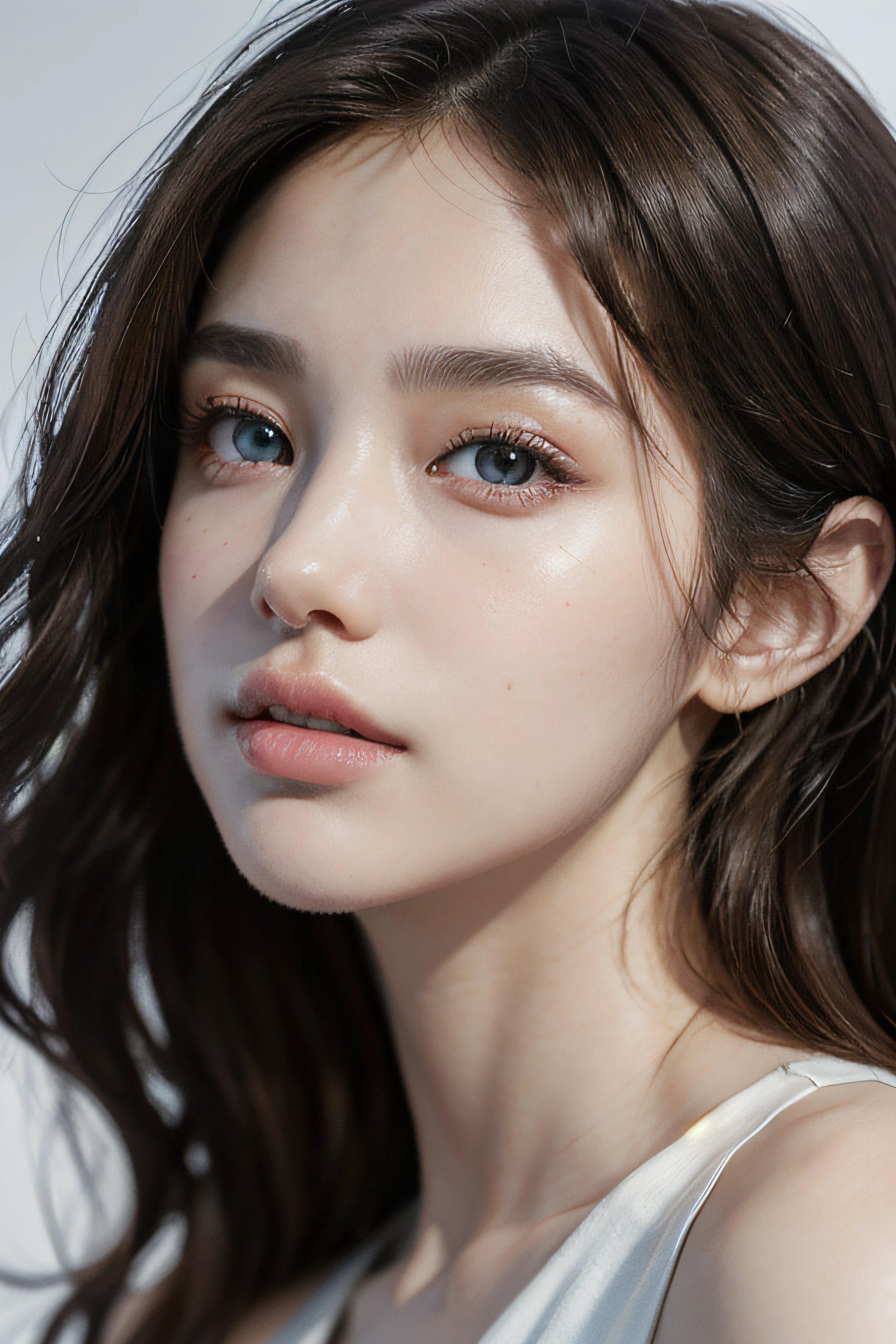 ((ultra-realistic realism+Pure),eyes with brightness,White Skin Skin),High-definition image quality,Dynamic tilt,High nose,Realistic details,Unity 8k壁纸,Super fine,A masterpiece of beauty,top-quality,tidal current,Sweet and lovely,FashionMagCover,Realiy,sideface,Brown hair long。
