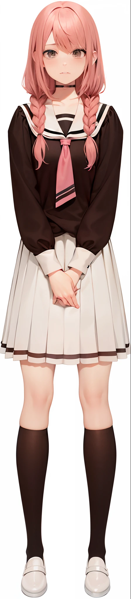 Anime girl with pink hair and black and white dress, with index finger, Hands Behind Your Back, Holding in the pudic pose, hands hidden, yandere. ah high, yandere, A solemn gesture, hand on hips, twintails white_gloves, Heavy gesture in close-up style, hands behind her body pose!, gapmoe yandere, li in dress, Normal hands
