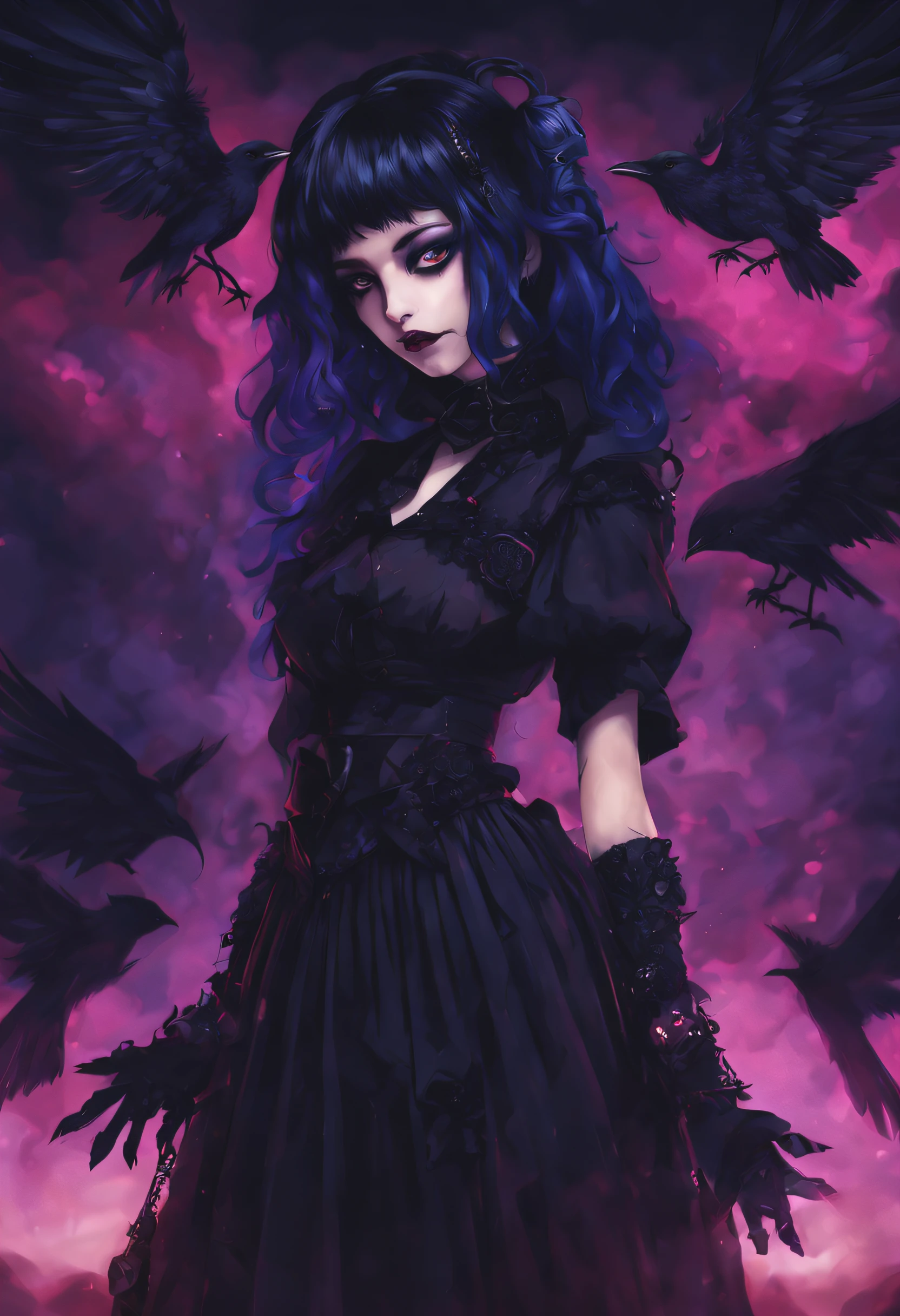 raven solo, gothgirl, with arms crossed looking straight ahead,anime, vibrant colors, dark and mysterious aesthetic, dramatic lighting