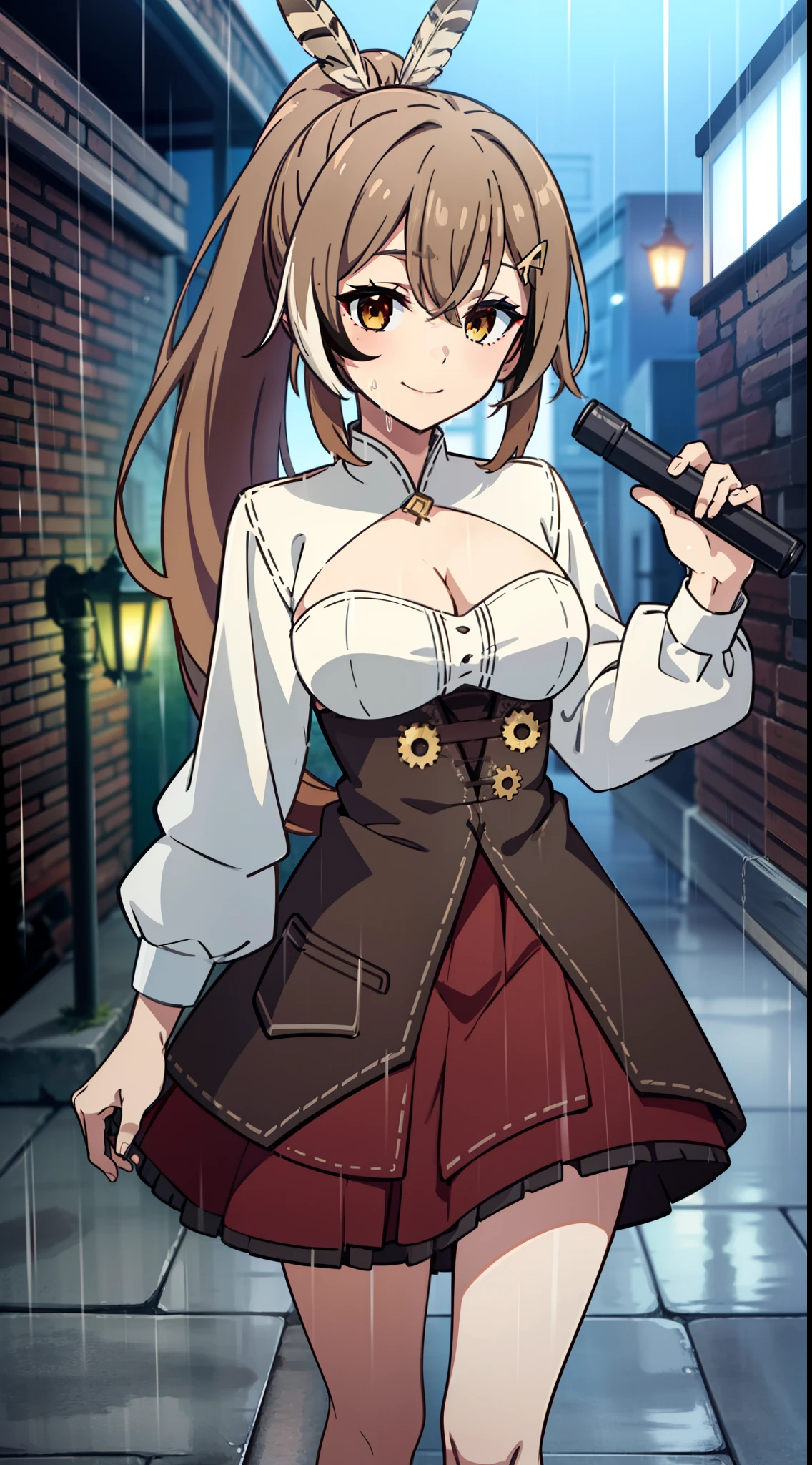 2D, HD, Detailed details, Detailed landscapes, beautiful lights, Beautiful Shadows, top-quality, Highly detailed, masterpiece, best quality, highres, aamumei, long hair, ponytail, ahoge, multicolored hair, feather hair ornament, hairclip, white shirt, brown corset, red skirt, mini breasts, closed mouth, smile, looking at viewer, highly detailed hands, highly detailed eyes, cleavage, Perfect hands, highly detailed face, full body, anime styled, wet clothes, rain, abandoned town, ruins, walking