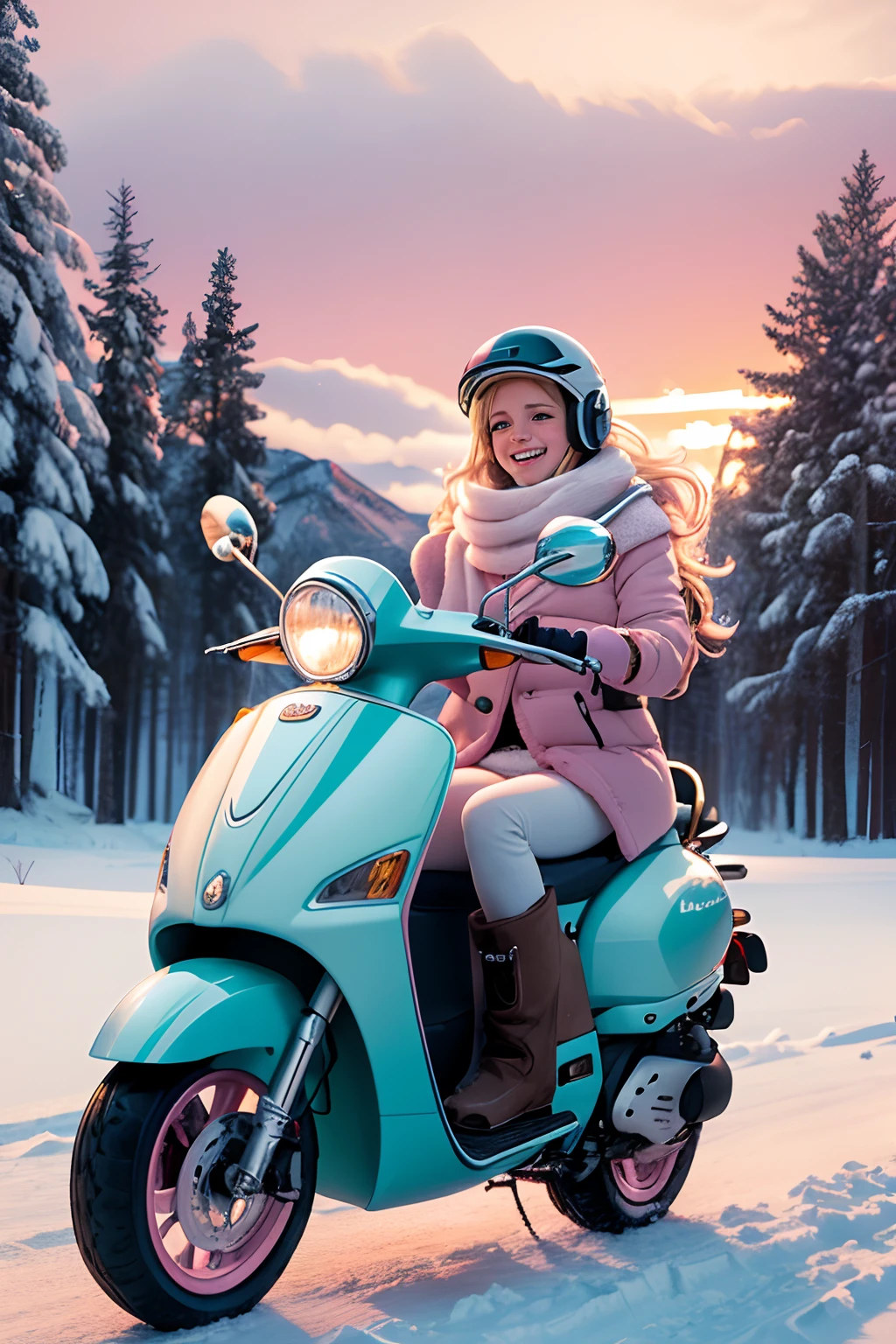 Two hot 30 years girls in icy, driving on two separate snow bike jumping, wearing just tiny neon lingerie lace bikini's, background see snowman, one girl hot brunette long hair, nice breasts, second short dark red tied back in a messy bun, sunny day, girls are happy 