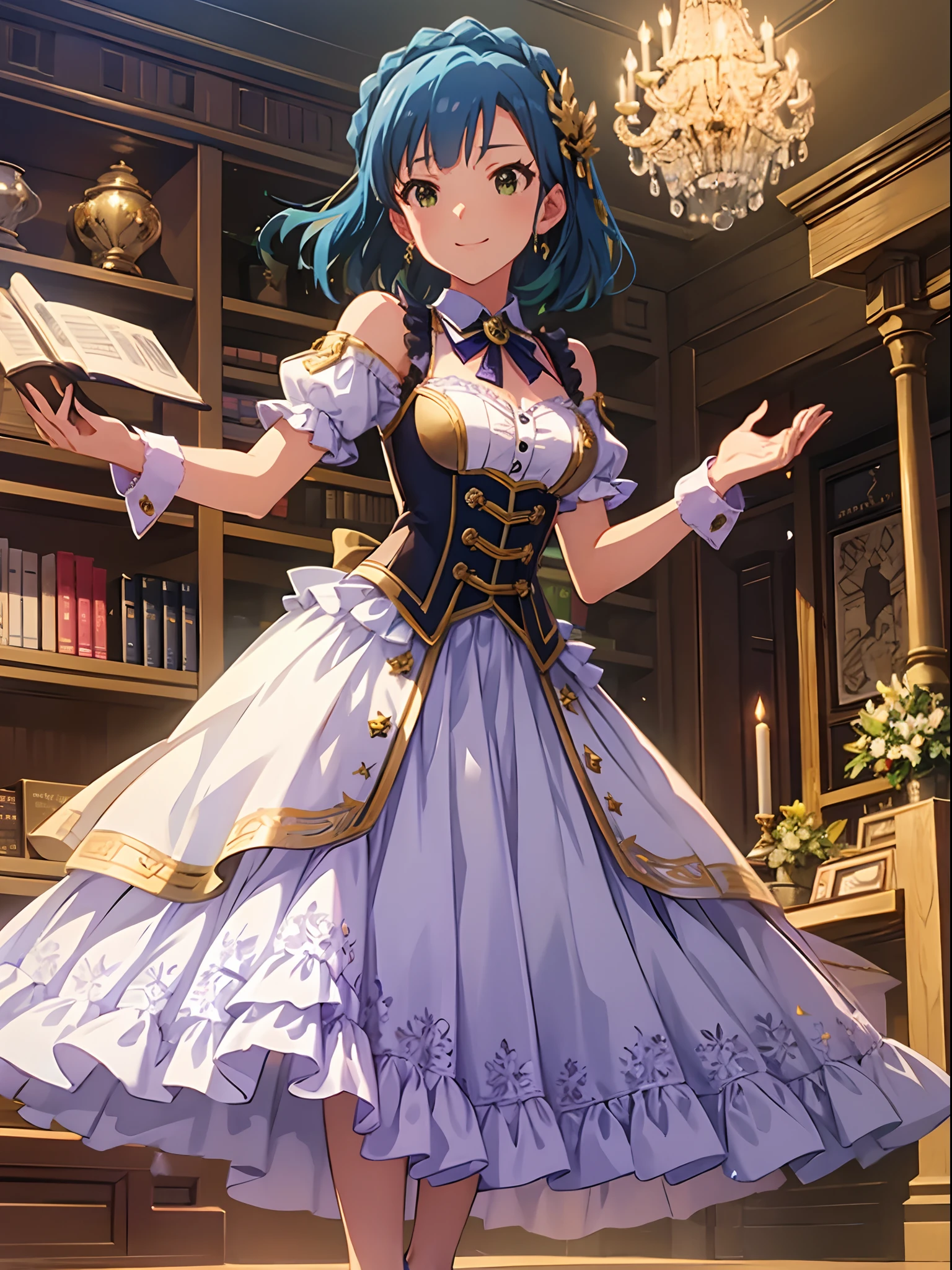 yuriko nanao (million live), 1 girl, Solo, Cute Girl,Best Quality, Ultra-detailed, 8K, High resolution, detailed face, princess line dress, light green dress, lacy dress, long dress,