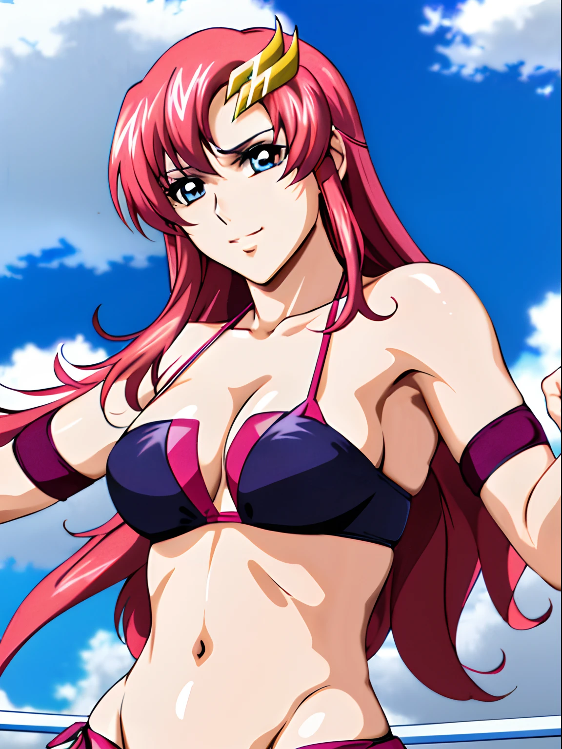 (masterpiece, upper body view, 4K, Best Quality, Anime style: 1.9,, Adult Woman, ultra detailed face, (cloud background, wrestling), Drawing lines, high resolution, Anime, lacus4), 1girl, Solo, curvy figure, Long hair, 鎖骨, scapular, (Detailed wide hair bangs, Hair Ornament, Detailed reddish-pink hair, golden crest), cleavage, large hands, (female wrestler). (Big blue eyes, shiny eyes), ((female wrestler, slender body, broad shoulders, closed fists)), ((perfect proportions, , long belly)), (((strapless , pink wrestling gear))), confident, smile, (standing, looking at the viewer)