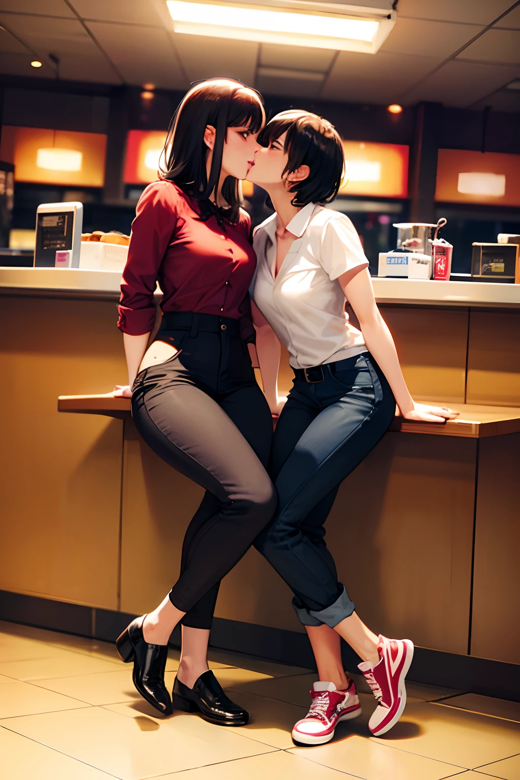 Beautiful lesbian women kissing at a Denny's,  full body